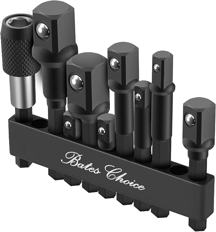 Jogo de Adaptadores para Soquetes de Impacto Bates Choice com Haste Sextavada de 1/4 pol., 3/8 pol. e 1/2 pol., Suporte Magnético para Bits, 9 peças