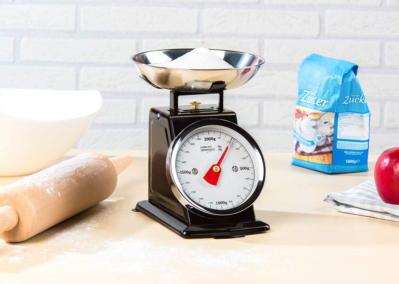 Rosenstein & Söhne Digital Kitchen Scales - bilancia da cucina meccanica: Analogico Bilancia da cucina retrò, fino a 2 kg, Funzione tara, involucro in metallo nero (retrò, vecchio)