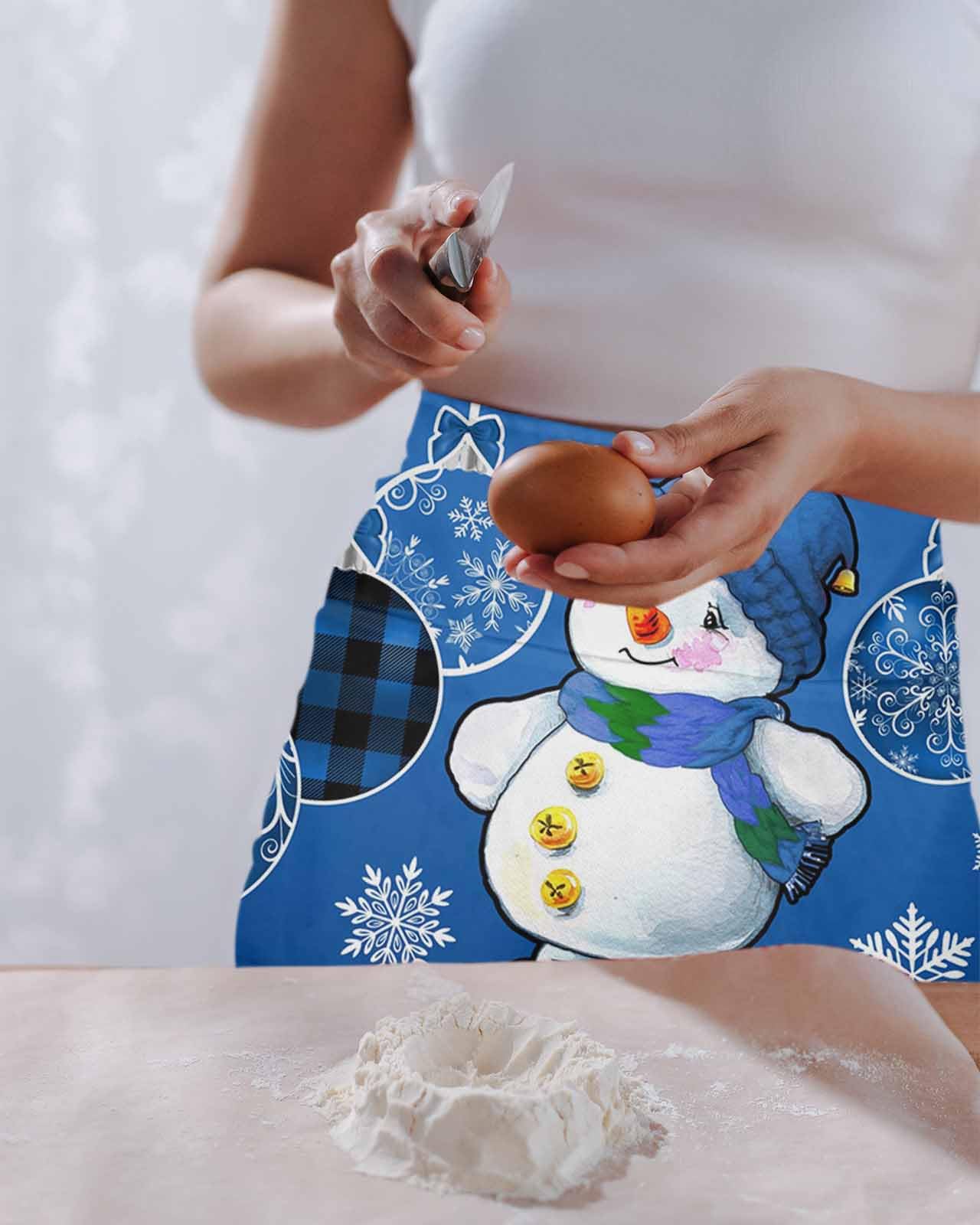 DecorLovee Delantal de camarera de Navidad con 3 bolsillos, muñeco de nieve de Navidad, bolas rojas, copo de nieve, delantal de cocina de media cintura