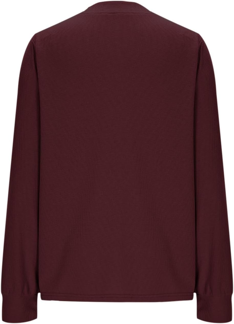 Women's Long Sleeve Waffle Knit Shirts Dressy Casual Loose Button Up V Neck Henley Tops Fall Basic Tee Blouses
