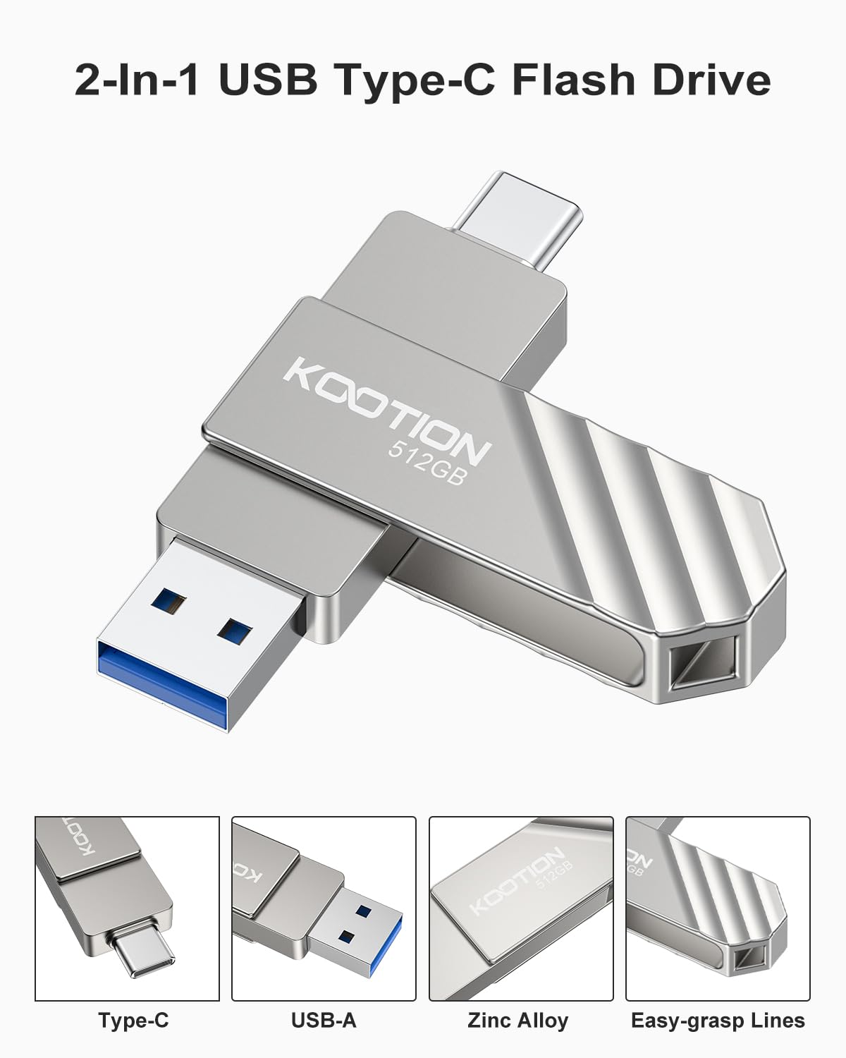 KOOTION Cle USB 512 GO Clé USB C 3.2 Clef USB 512Go OTG Jusqu'à 500MB/s 2-en-1 Double Connecteurs Externe SSD Métal pour Type-C-iPhone/Android-Smartphone/Tablette/Mac/PC, Argent