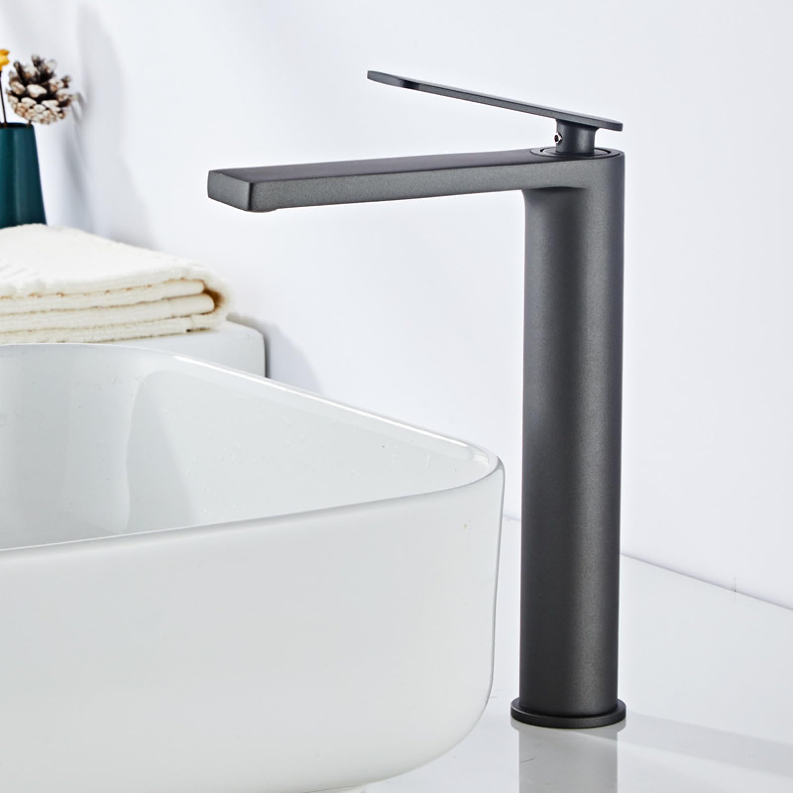 Fanjubei Gunpowder Gray Is Tall Bathroom, Hot And Cold Water, Copper Basin Faucet On The Countertop, Gun-Gray Tall