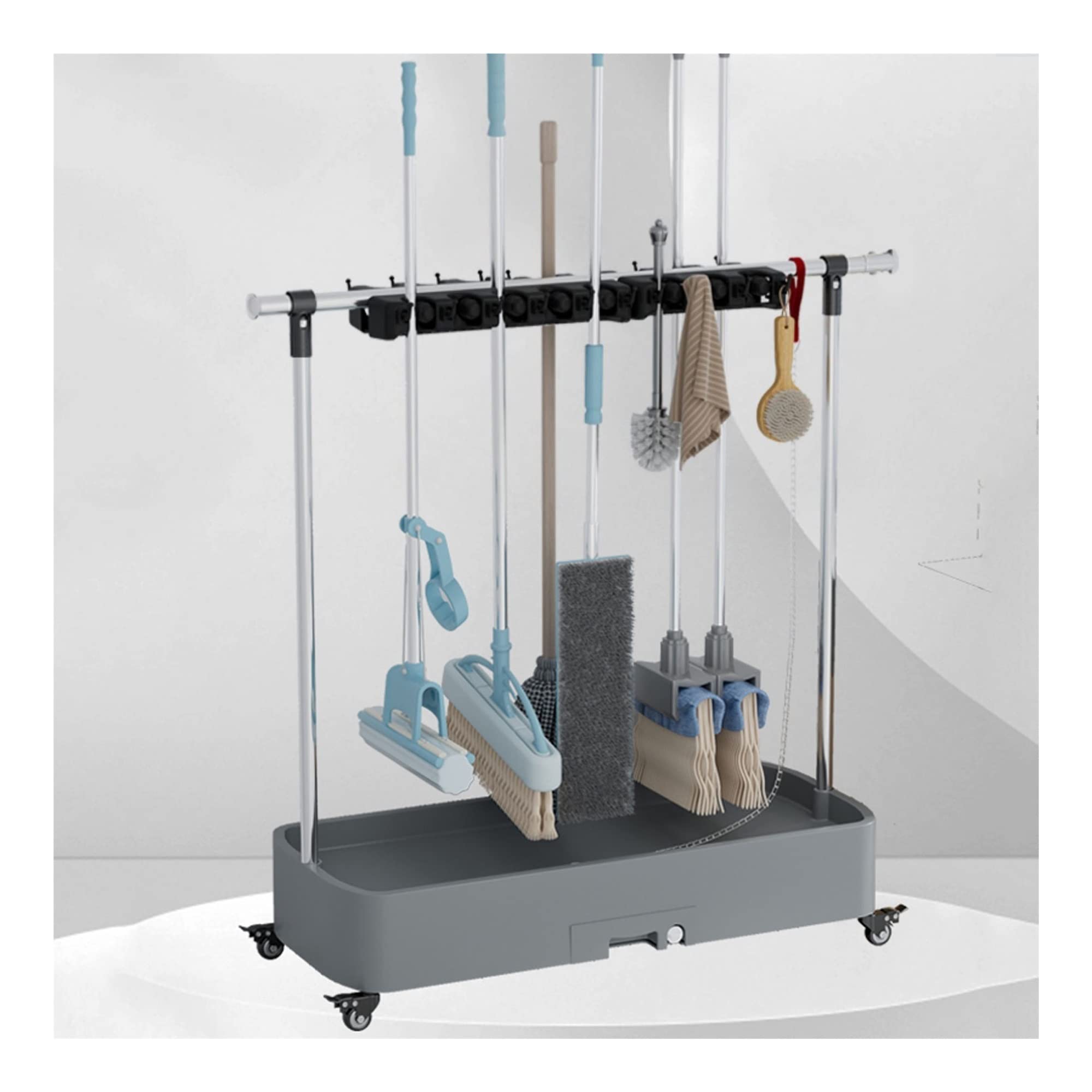 Movable Broom Mop Holder Put Wet Mops,Garden Cleaning Tool Cart,Commercial Mop Rack,Cleaning Supplies Organize and Storage,Movable Stainless Steel Umbrella Stand,with Tray,Wheels ( Color : Gray , Size