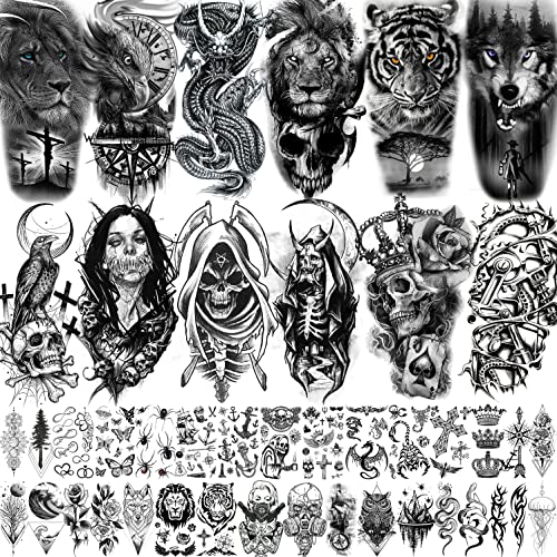 Rejaski 43 Sheets Black Eagle Dragon Temporary Tattoos For Men Women Thigh, Scary Halloween Tiger Lion Devil Skull Fake Tattoos For Adults, 3D Wolf Large Half Arm Sleeve Realistic Tatoo Forearm Teens