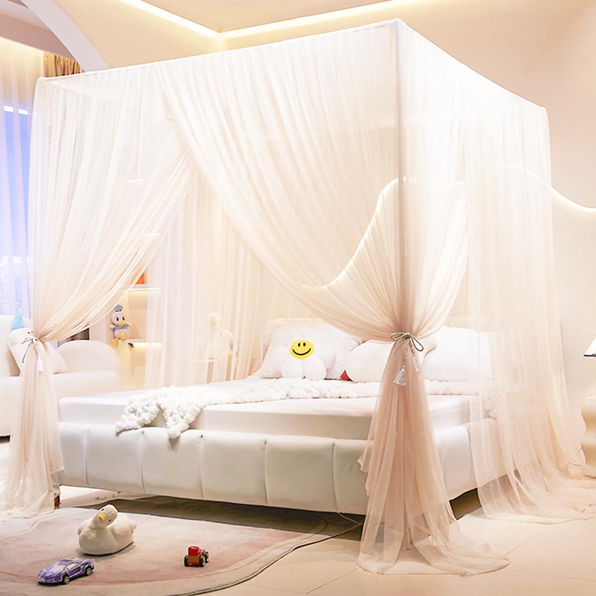 Ciel de lit princesse beige à 4 coins pour chambre de fille et garçon