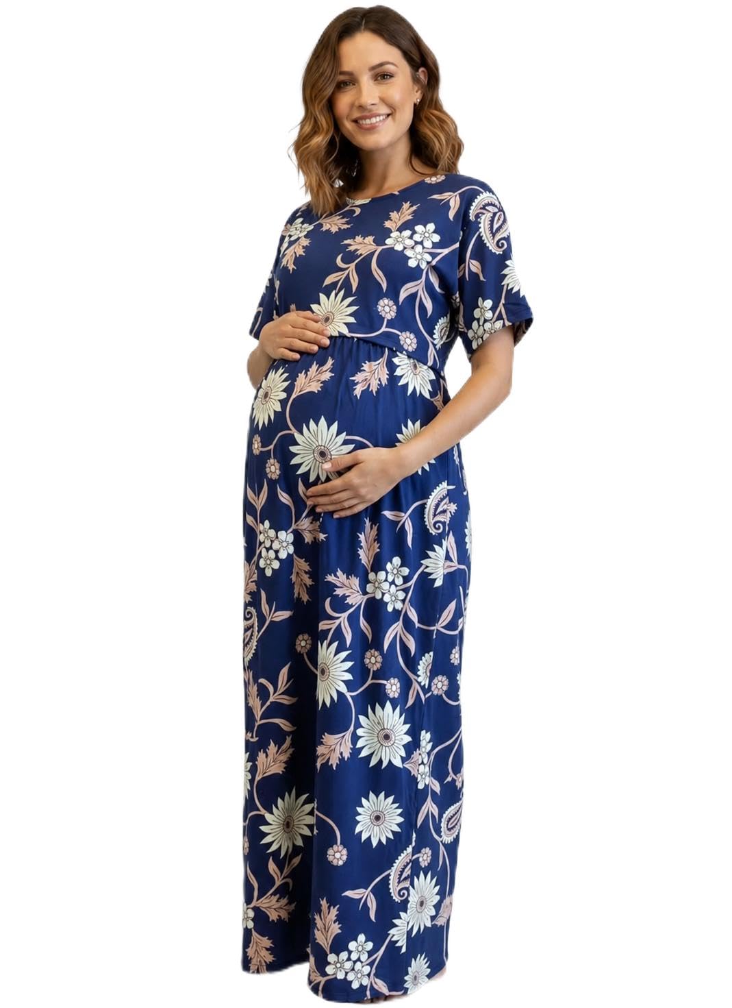 Women’s Floral Printed Maternity Maxi Dress | Navy Blue Pregnancy Dress with Short Sleeves, Side Pocket & Relaxed Fit-image-46
