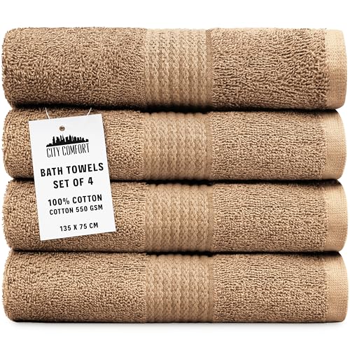 CityComfort Lot Serviette de Bain 100% Coton 550 g/m² 75x135cm Lot de 4 Serviettes Très Absorbant Sèche Rapidement (Marron Pack de 4)