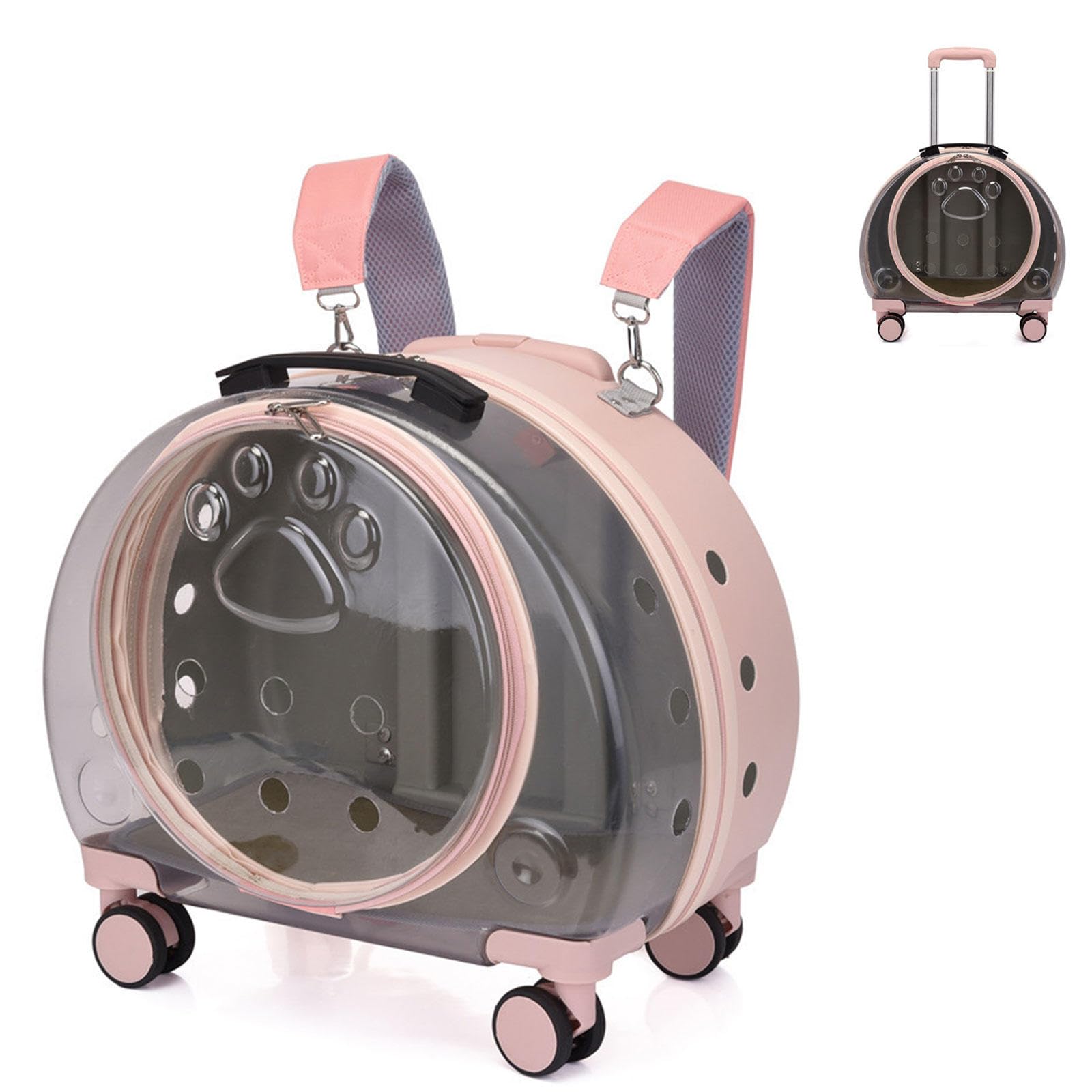 Trasportino per Gatti con Ruote, Trasportino per Cani da Viaggio con Bolle Trasparenti e Respirazione Libera, Trasportino per Gatti Leggero e Rigido,Pink A