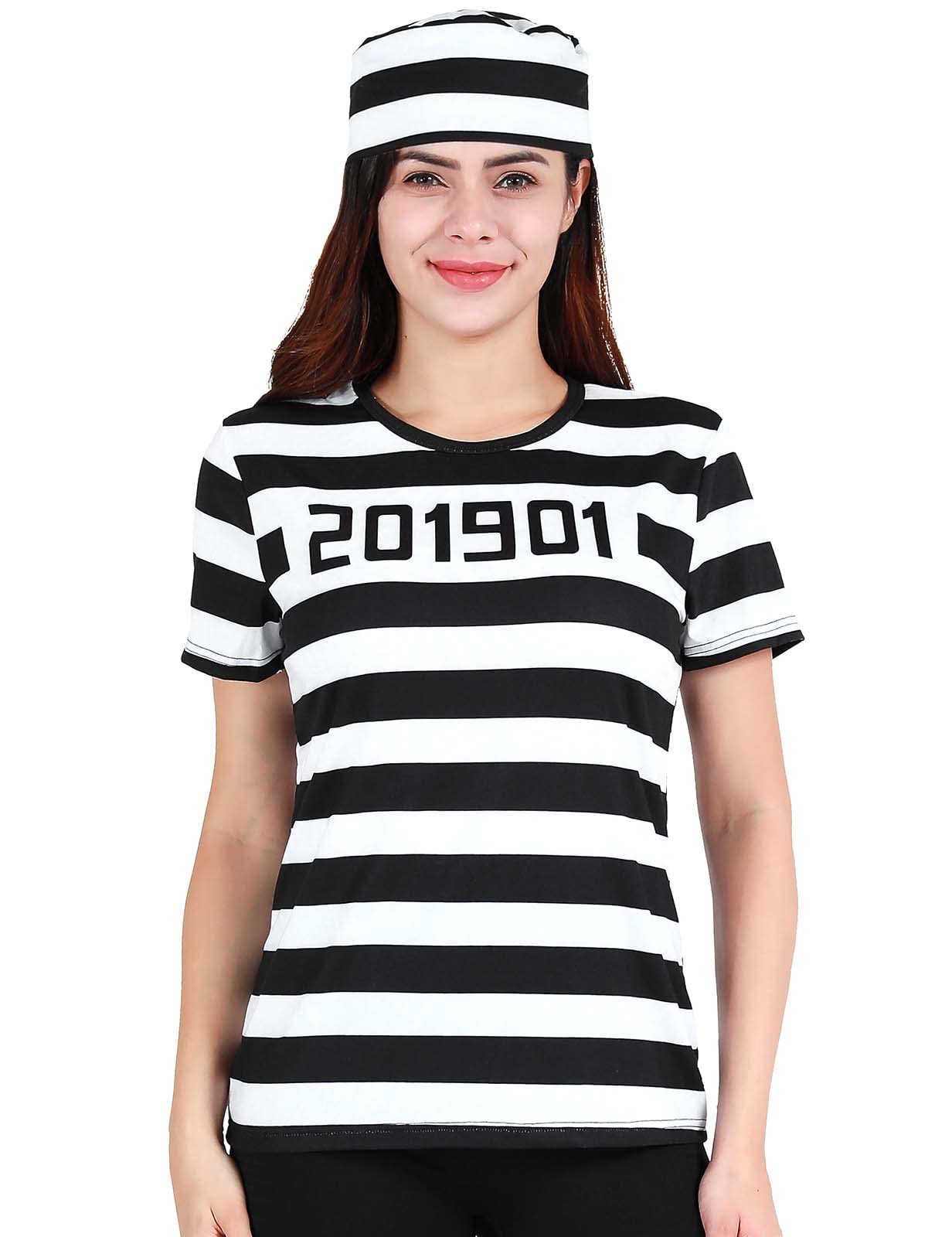 Funny World Women's Prisoner Costume Striped T-Shirts with Hat (L)