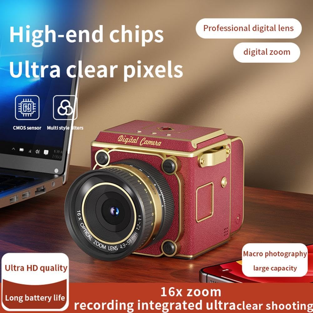 4K Dual-Lens Retro Digital Camera, Portable Mini Vlogging Camera with CCD Sensor, 16X Digital Zoom & OTG Share, Compact LCD Display for Beginners and Content Creators (Red) - 4