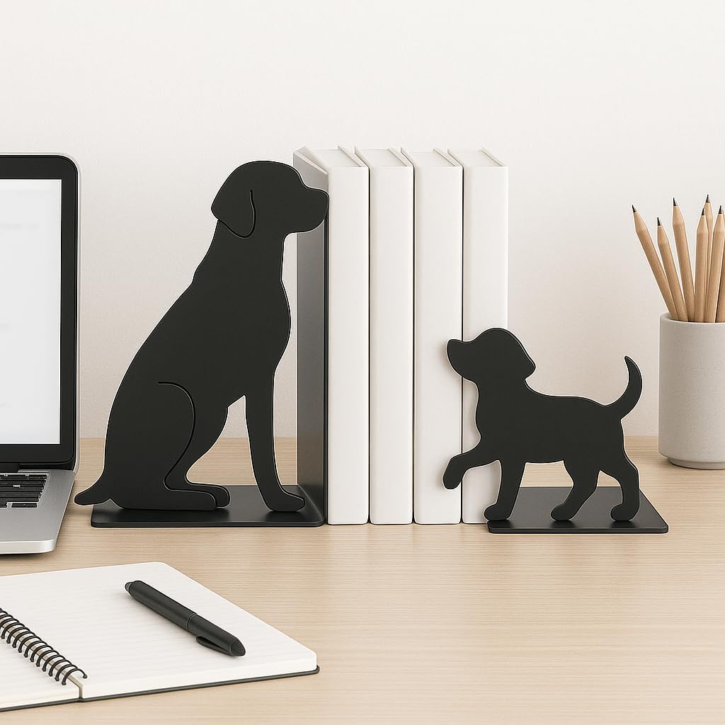 Dog Bookends, Black Metal Book Ends for Shelves, Sitting & Walking Dog Silhouette Set, Heavy-Duty 0.08" Thick Steel Book Holder for Home Office, Decorative Gift for Dog Lovers