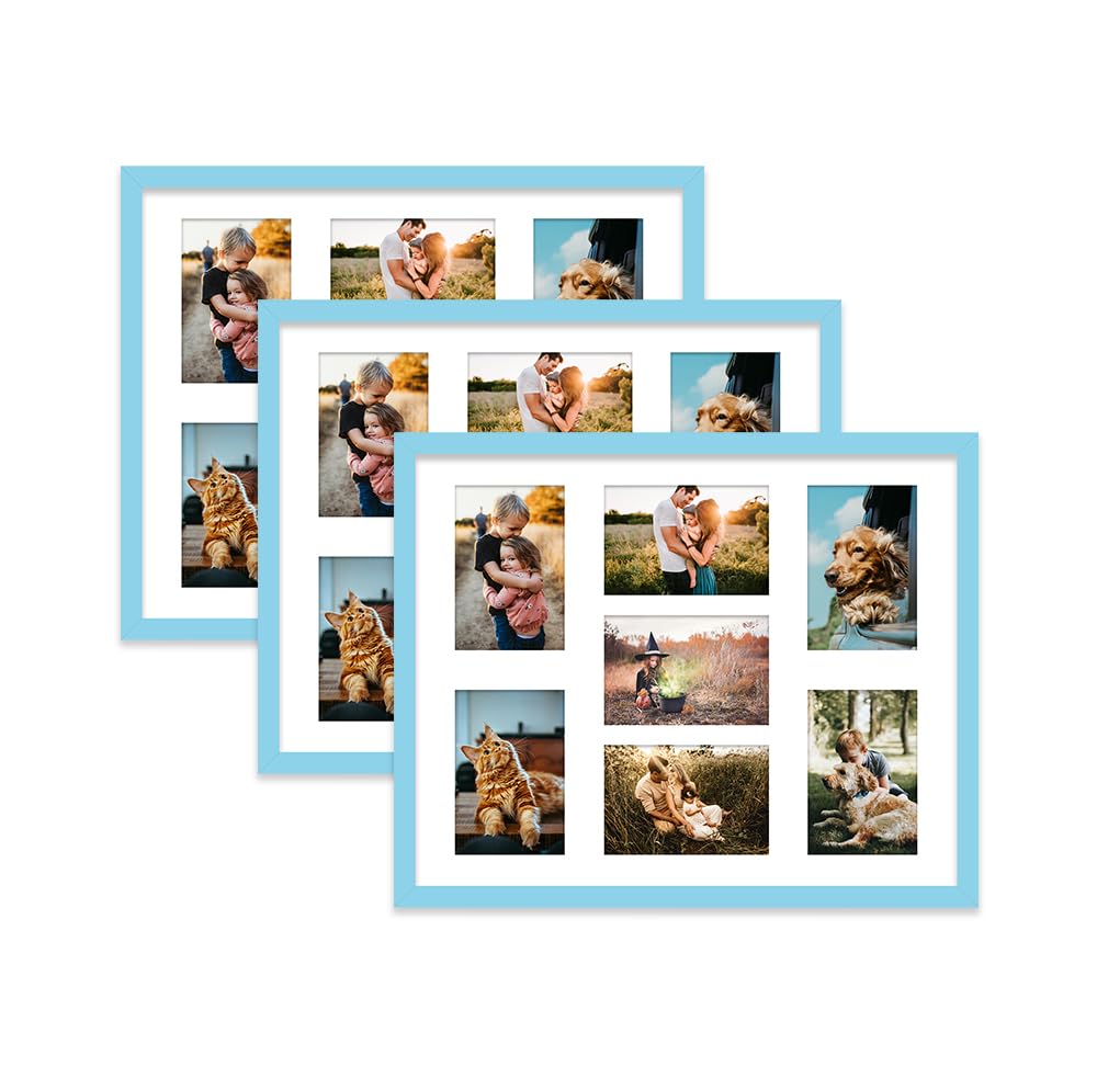 Light Blue Multi Photo Frame - Holds 7 x 6x4 Pictures, Family Collage Picture Frame for Wall Display, 20x16 Frame size, Set of 3