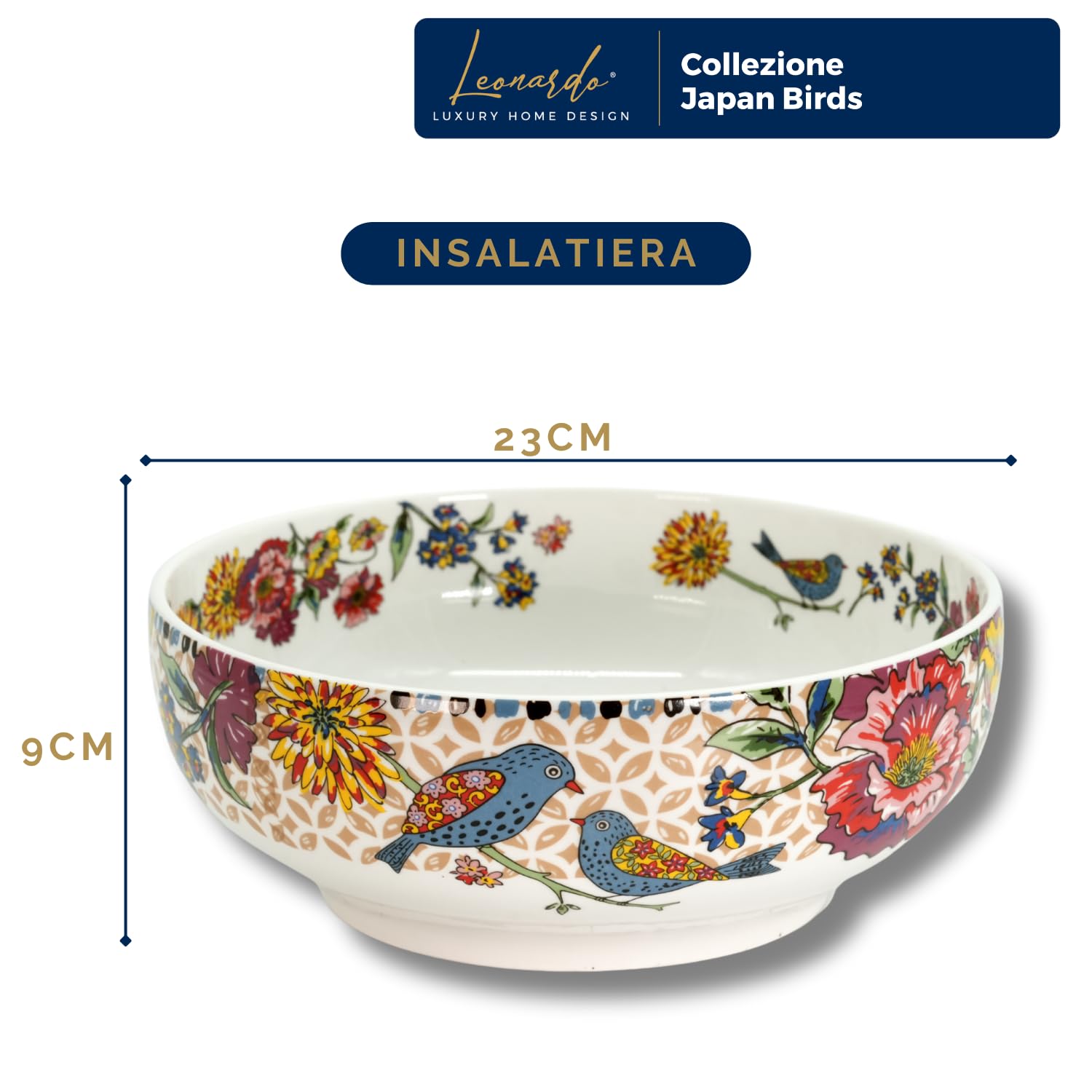 Insalatiera Porcellana Japan Birds Servizio Elegante e Raffinato Uccelli Giapponesi Adatto a Lavastoviglie Forno e Microonde (23 x 9 cm)