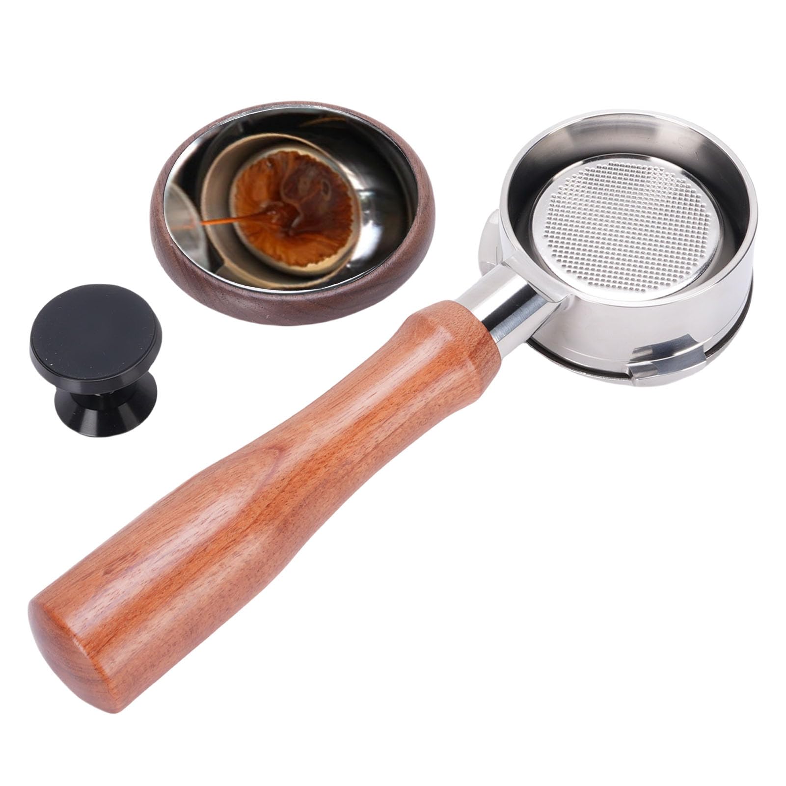 Portafiltro senza fondo da 58 mm adatto per macchina da caffè Petrus Portafiltro senza fondo per caffè in acciaio inossidabile Manico in legno a 3 orecchie