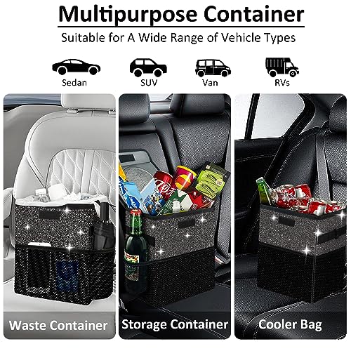 Image of Cute Mini Car Trash Bag with Lid, Glitter Garbage Can Bin Hanging for Back /Front Seat /Console, Waterproof, Leakproof, 2.5 Gallon, Black Bling Sparkly