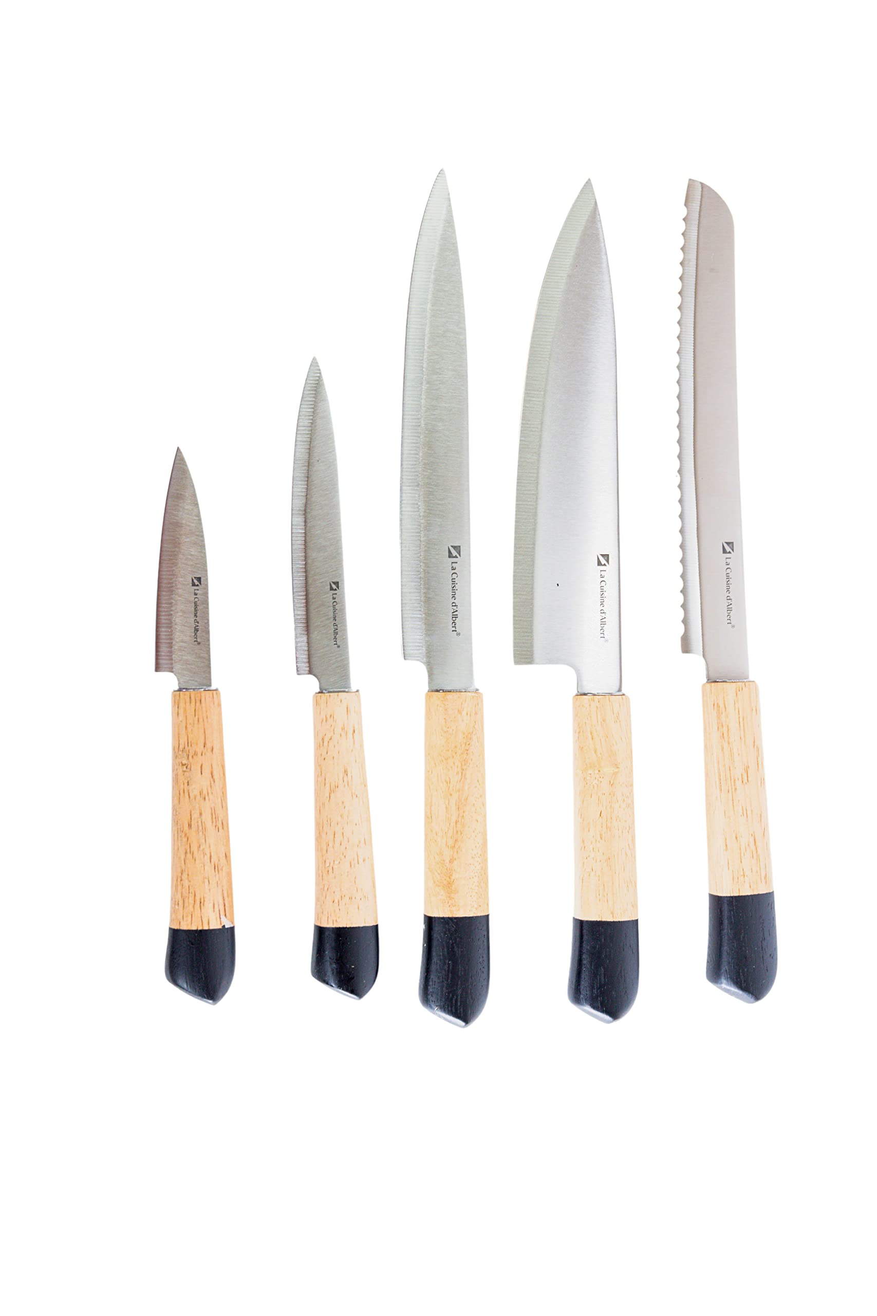 Albert de Thiers - Bloc de Couteaux L'Irremplaçable - 5 Couteaux en Acier Inoxydable 2Cr14 Gravé - Manches en Bois d'Hévéa - Bloc 15x22x7 cm - Lames Tranchantes et Durables - Boîte Cadeau Élégante