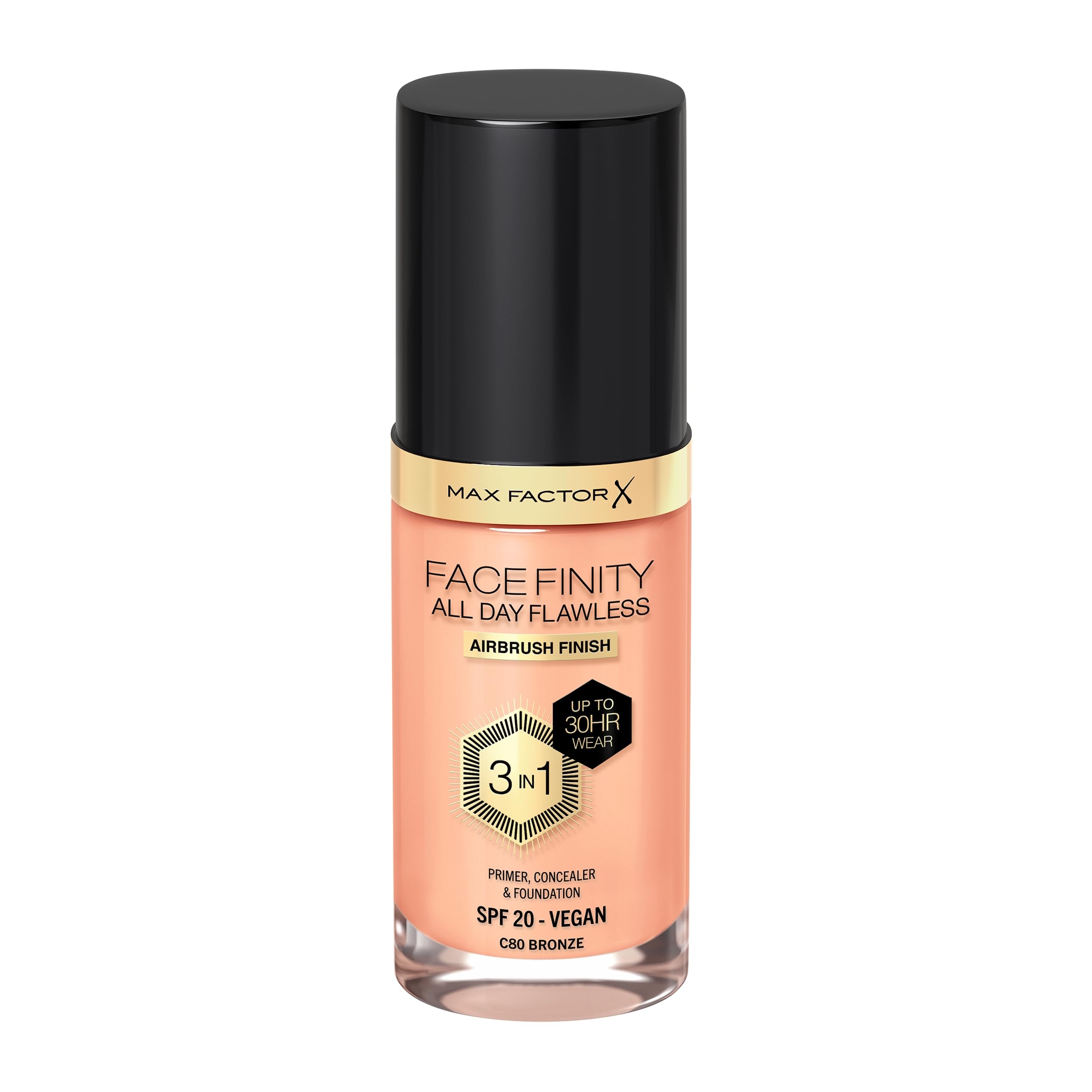 Max Factor Facefinity 3-in-1 All Day Flawless Liquid Foundation, SPF 20-80 Bronze (Packaging May Vary)