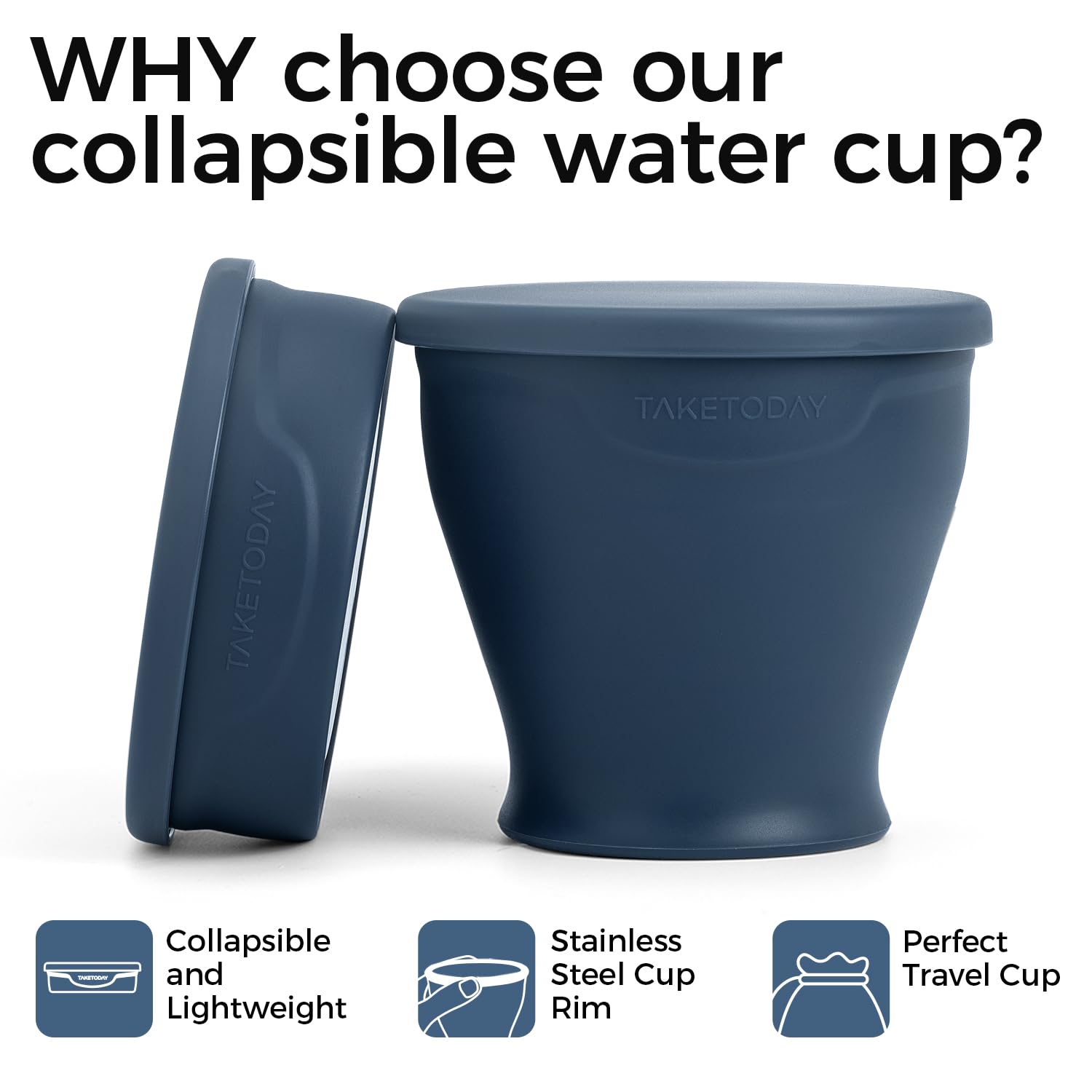 TakeToday Vaso plegable de 8 onzas, plegable con tapa para viajes, azul