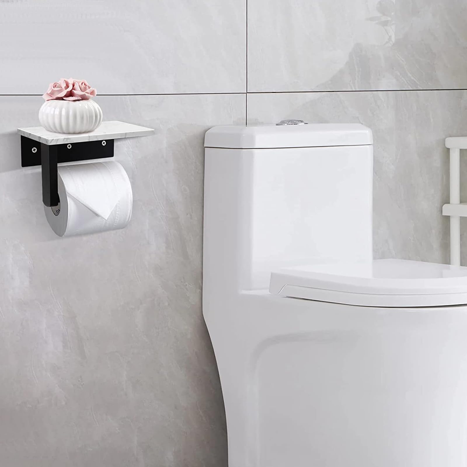 Porte-papier toilette avec étagère supérieure en marbre en acier inoxydable pour salle de bain 17 x 9,9 cm