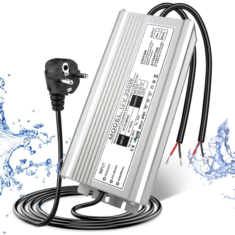 Led-transformator, 12 V, 350 W, IP67, outdoor waterdichte transformator met stekker, led-voeding, driver 230 V naar DC 12 volt adapter, led-driver voor buiten, voor ledstrips, lampen, spots