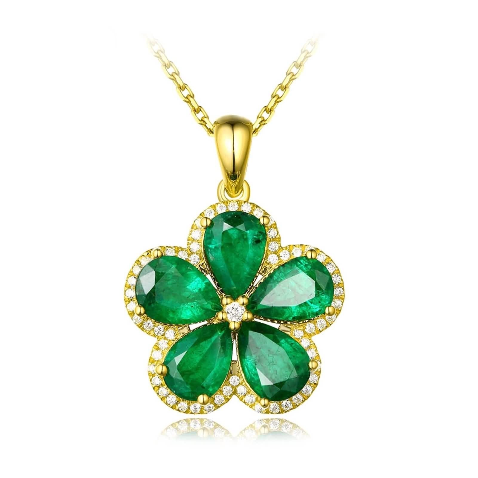 Ciondolo per Collana Oro Vera, Collana Fidanzati Donna con Smeraldo Sintetico 2 Carati e Diamante Sintetico, Gioielli Pietra Portafortuna