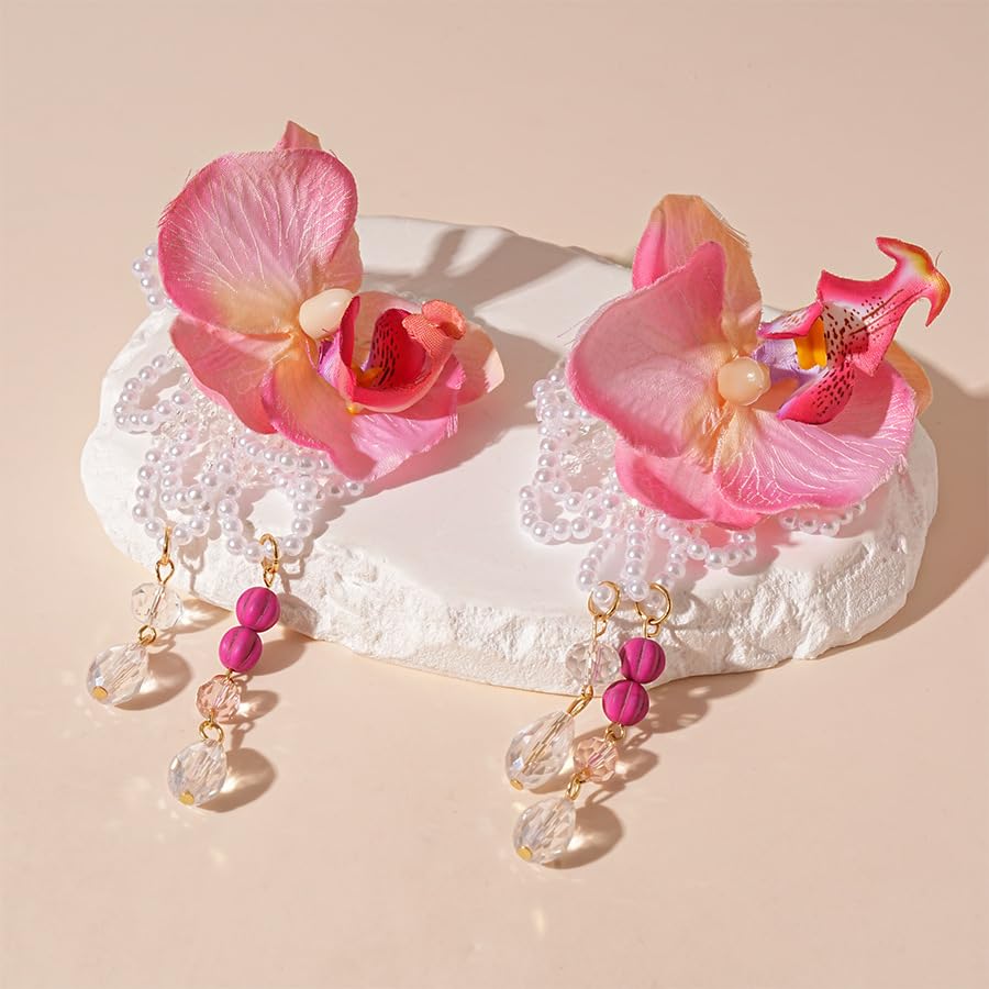 Large Orchid Earrings for Women,Pink Big Flower Floral Earrings Pearl Butterfly Earring Hibiscus Dangle Drop Earring Orchid Party Beach Jewelry Gifts4