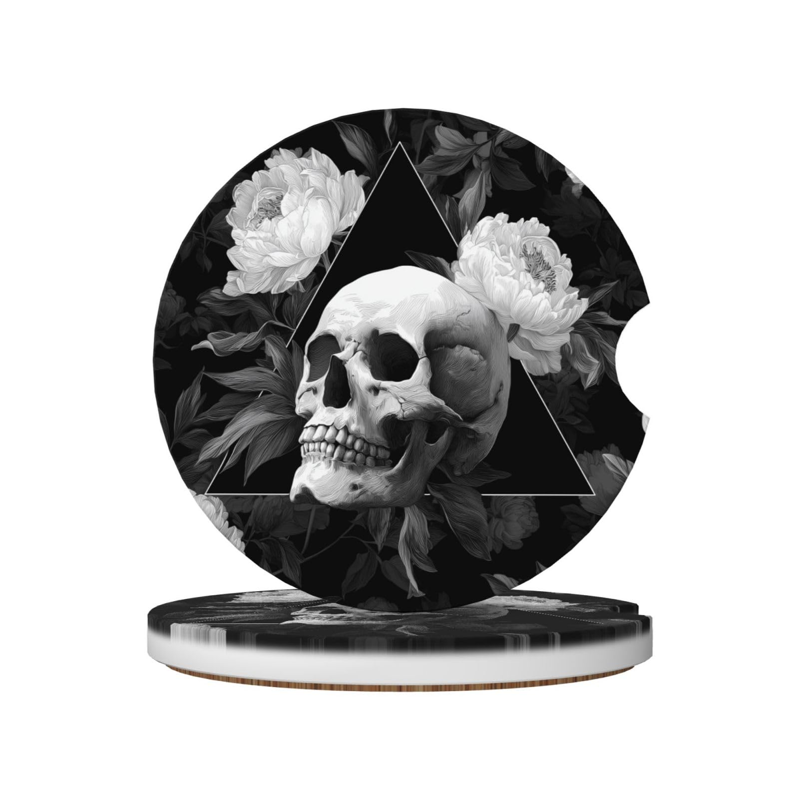 Skull and Peonies Black and White Ceramic Coasters,2pcs