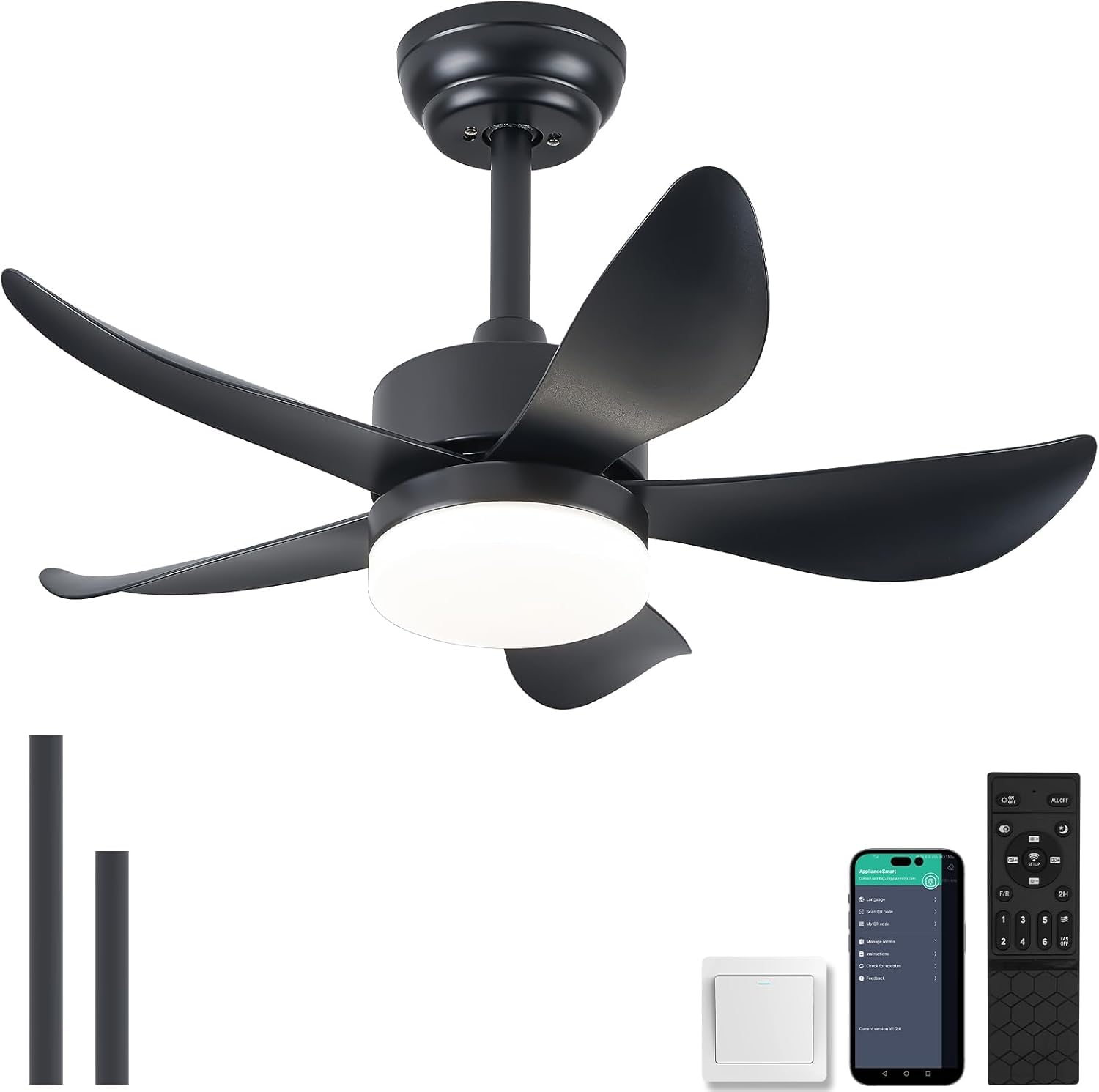 Smarter 76cm Deckenventilator Schwarz mit Beleuchtung & Fernbedienung, umkehrbarer Lauf, geräuschlos, 6 Stufen + Timer. Geeignet für Schlafzimmer, Wohnzimmer, Küche, Innenräume und Terrassen.