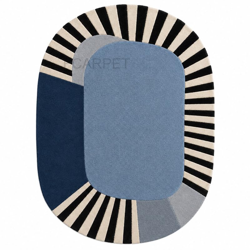 Image of Oval Carpet with Geometric Stripe Border Luxury Wool (Multicolor 5 x 8 feet)