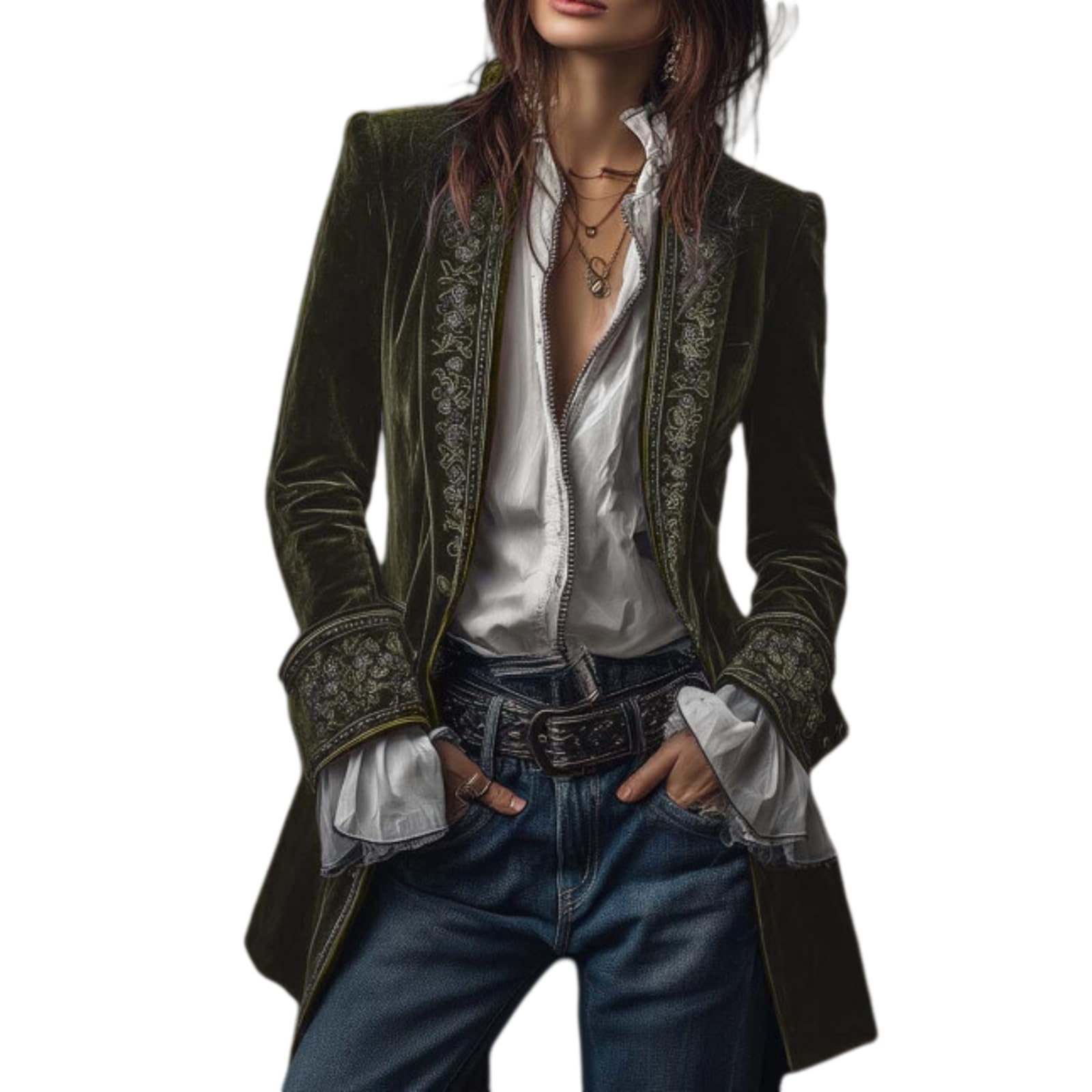 Womens Vintage Velvet Long Jacket Retro Embroidered Slim Fit Trendy Open Front Lightweight Outwear