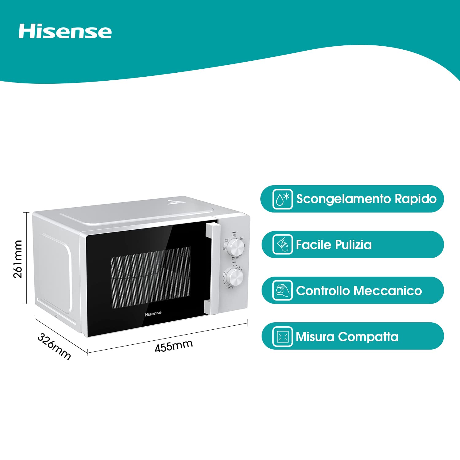 HiSense Forno a microonde H20MOWP1HG con funzione grill e controllo meccanico, capacità 20 l, potenza 700 watt su 5 livelli, colore Bianco