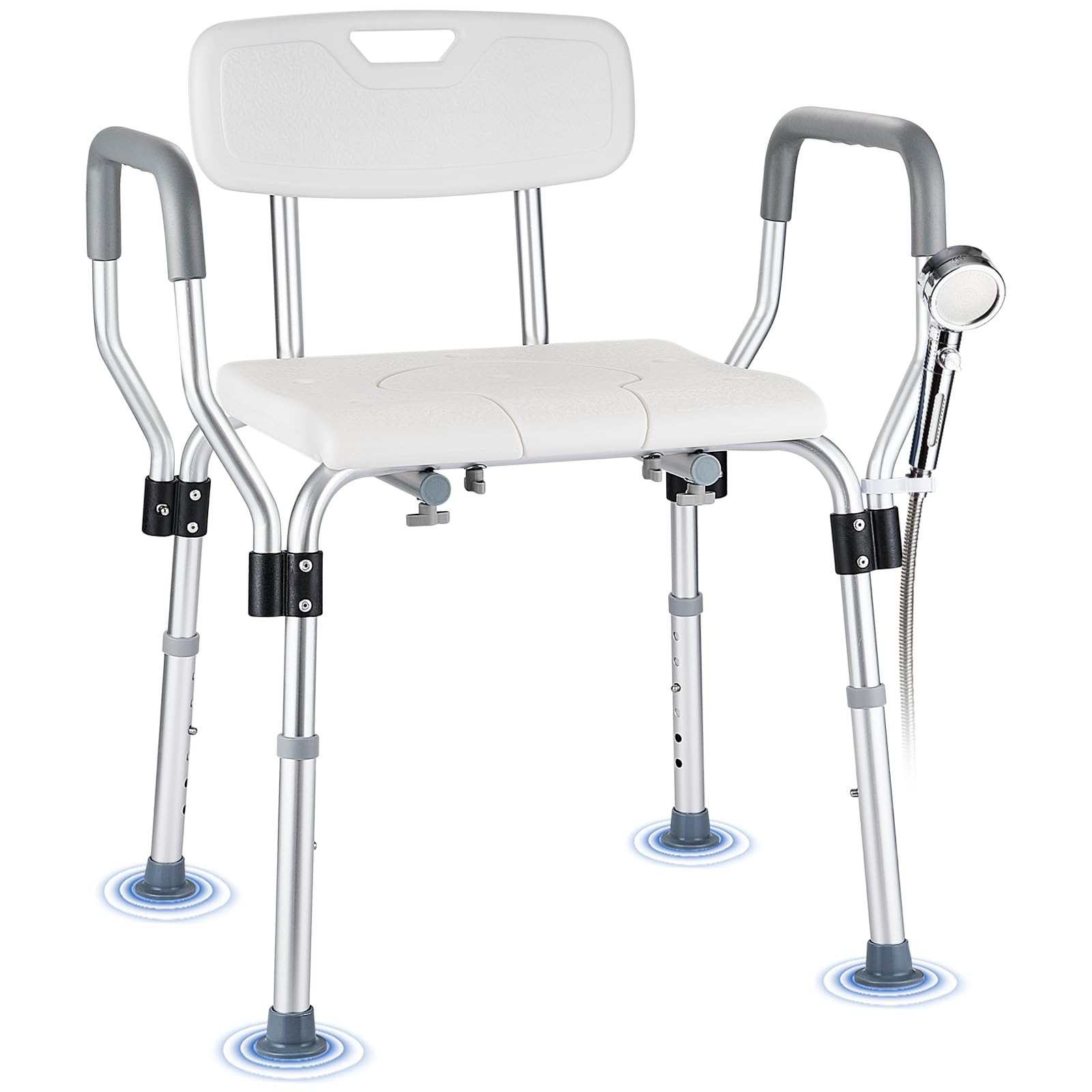 Silla de Ducha para Mayores, Asiento Extraíble en Forma de U para Taburetes de Ducha y Baño con Respaldo y Brazos, Ajustable de 6 Niveles de Ducha Regulable para Ancianos y Discapacitados