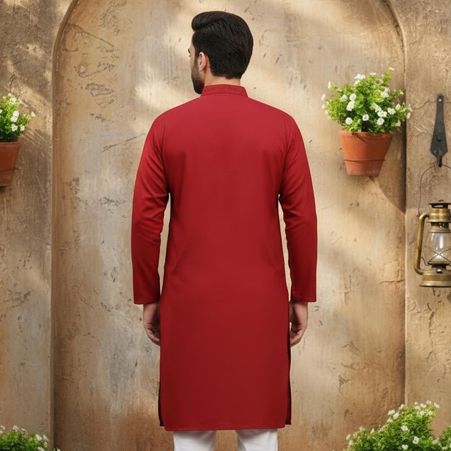 Image of Men's Cotton Blend Blend Knee Length Solid Color Style Stright Long Mandrin Collor Ethnic Casual Wear Kurta Only