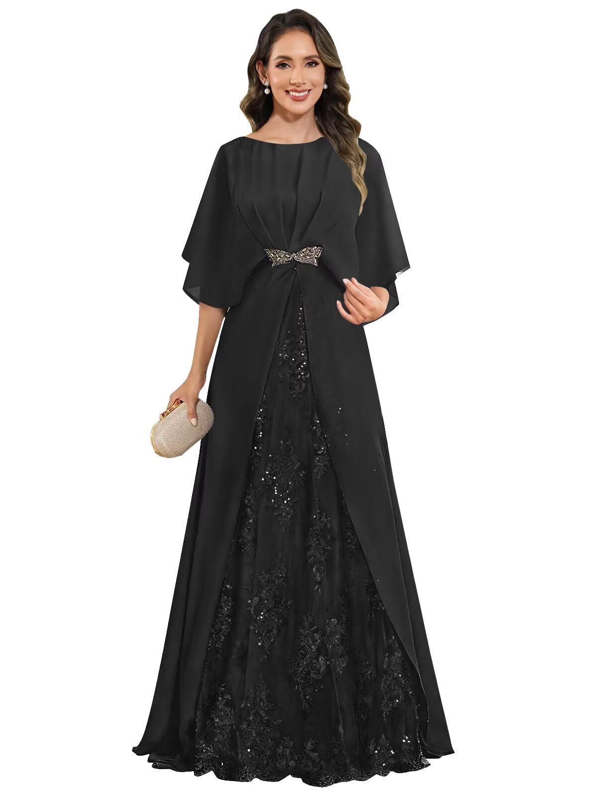 Lace Appliques Mother of The Bride Dresses for Women Chiffon Cape Sleeve Long A Line Formal Evening Dress