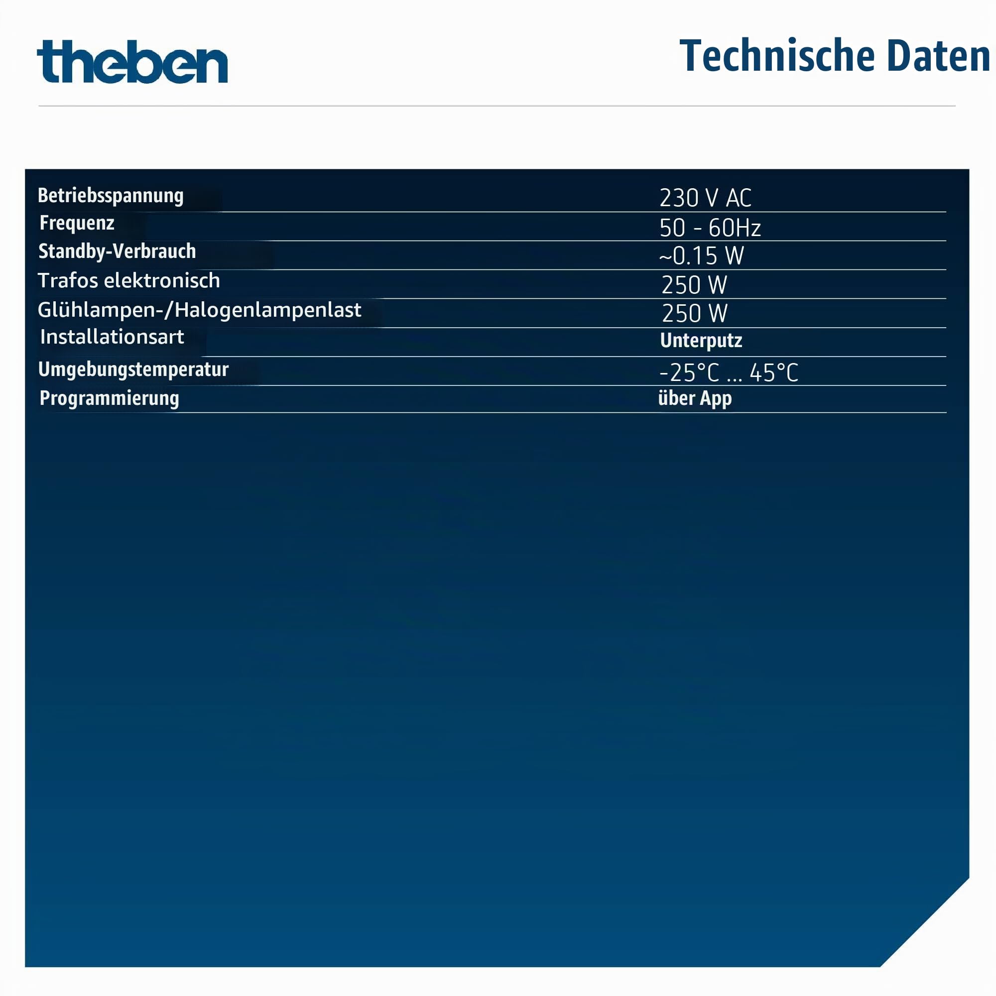 Theben 5450130 DIMAX 545 plus P UP-Universaldimmer R/L/C App 250 W LED | Unterputz, automat. Lasterkennung, Bluetooth Low Energy, App iOS/Android, Astrofunktionen, Szenen, Memory, Soft-EIN/AUS