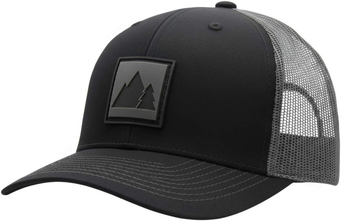 LINDO Trucker Hat [ Pine & Mountains Design] for Men and Women: Mid Profile Cap with Breathable Mesh Back and Adjustable Snap