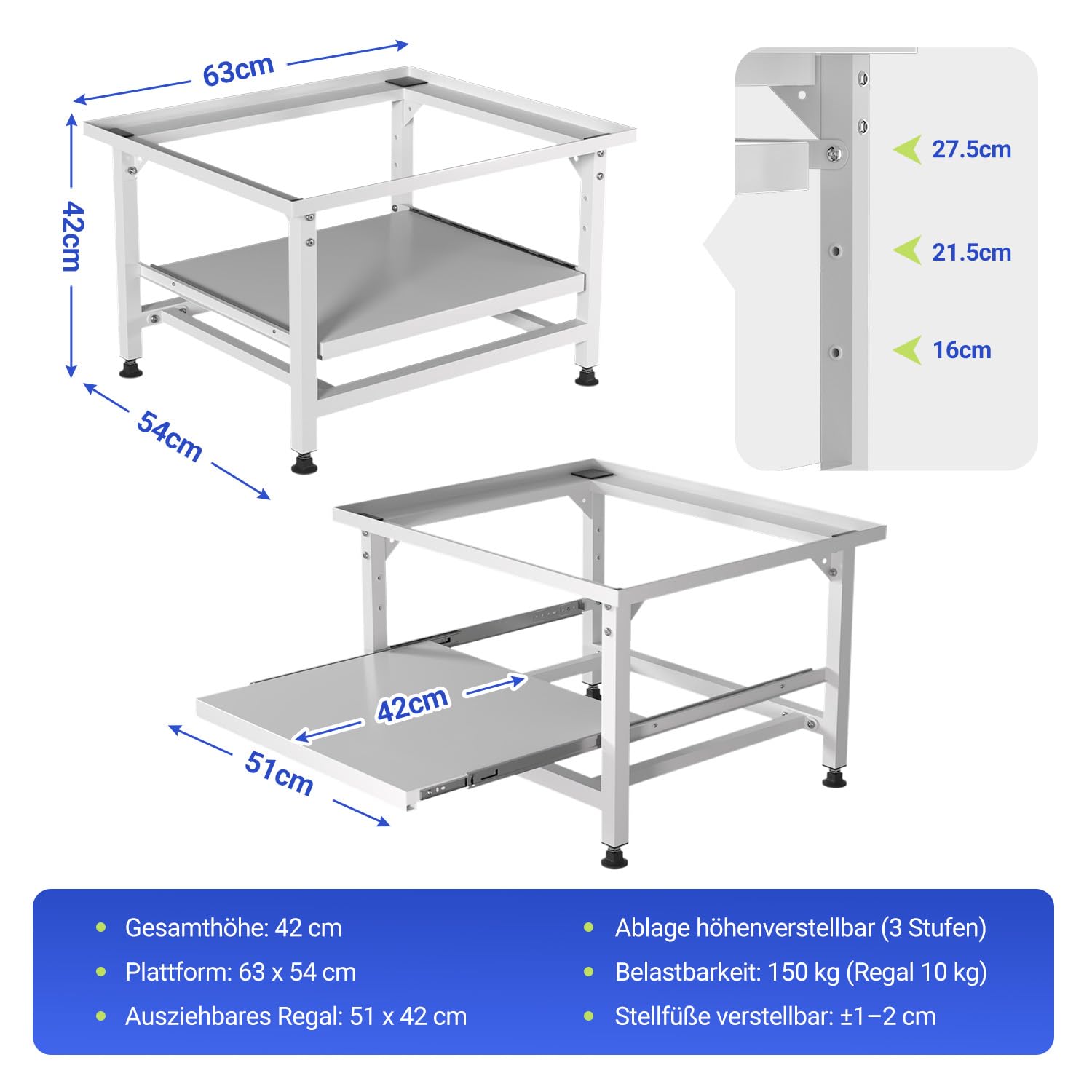 Herrselsam Base per lavatrice con ripiano estraibile, altezza 42 cm, piedini regolabili in altezza e assorbimento del rumore, base per lavatrice con cassetto estraibile a 3 livelli, portata 150 kg