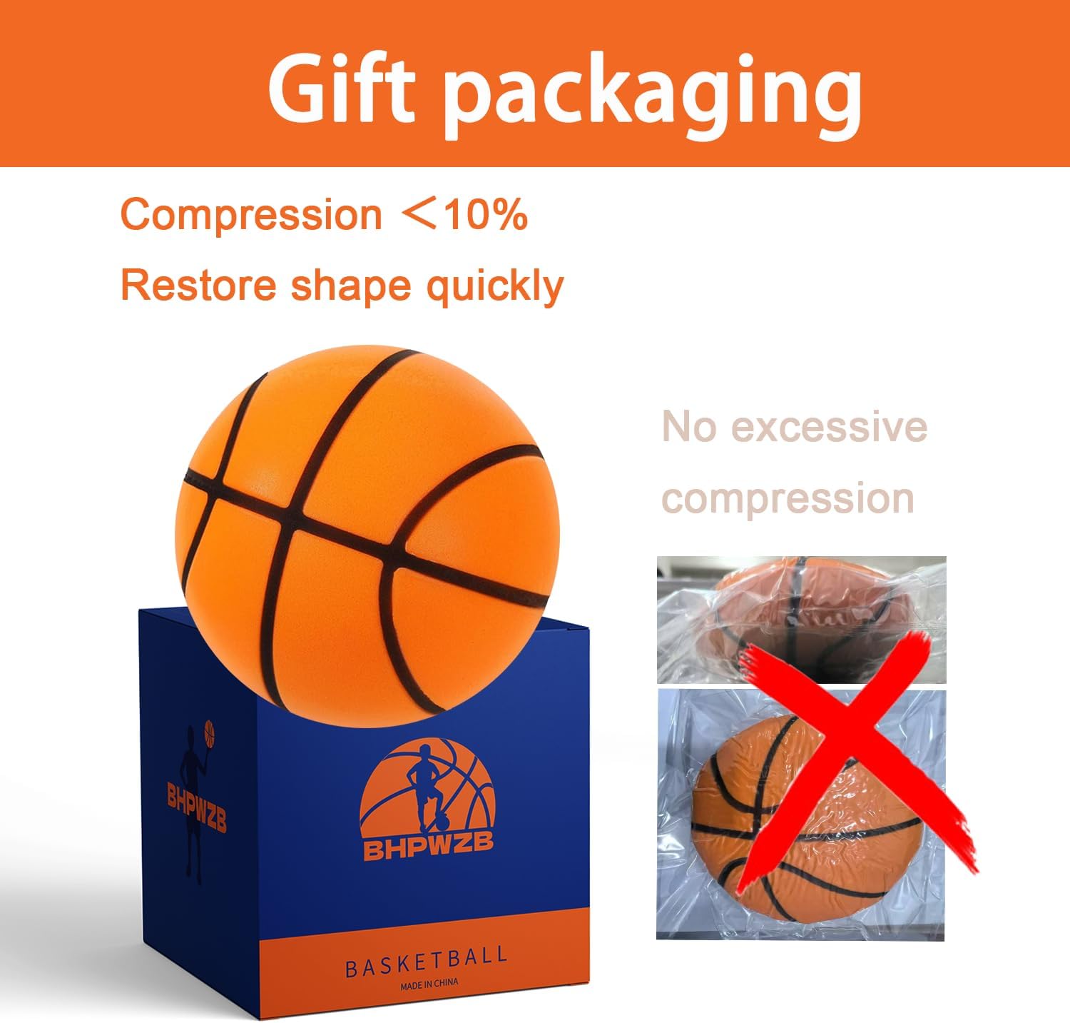 BHPWZB Silent Basketball Size Gift Packaging Birthday Indoor Foam Ball Orange | Quiet Dribbling for Summer Training Quiet Dribbling & Hoop Games SIZE 7