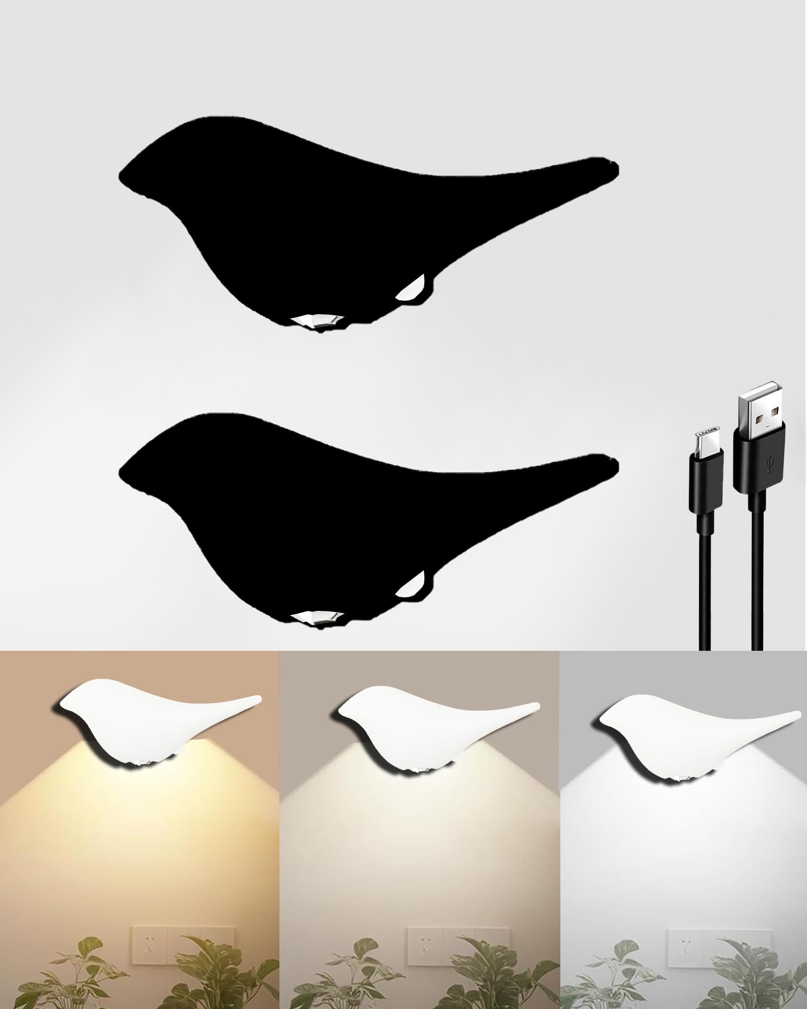 Drqzwp Bird-Shaped Rechargeable Wall Lights with Motion Sensor, 3 Colors Battery Operated wall Lights Indoor, Stick on Cordless Wall lamp, On and Auto Modes (2 Black)