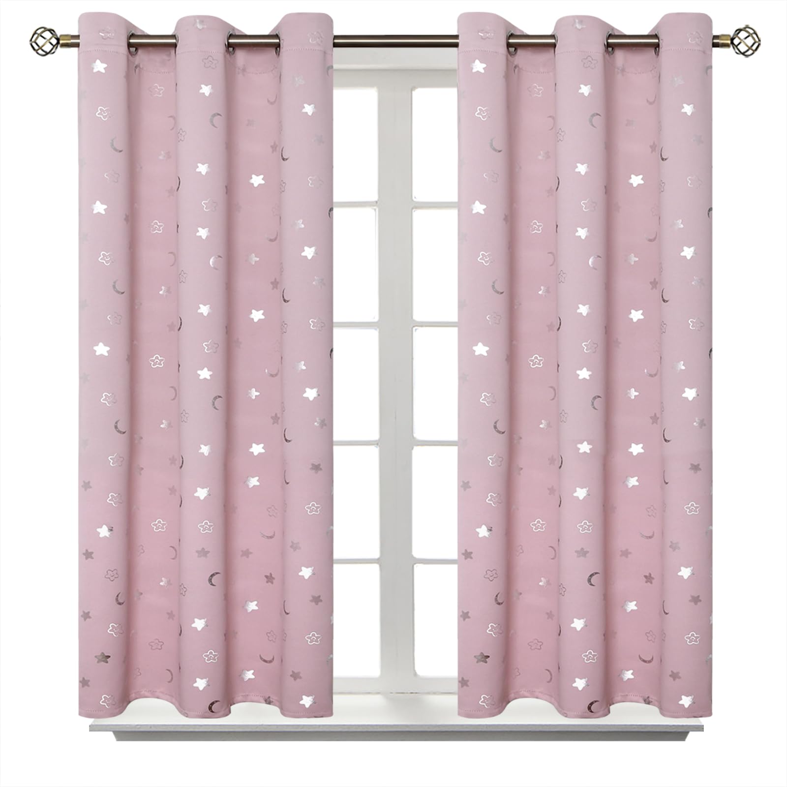 BGment Moon and Stars Blackout Curtains for Kids Bedroom, Grommet Thermal Insulated Room Darkening Printed Nursery Curtains, 2 Panels of 42 x 45 Inch, Light Pink