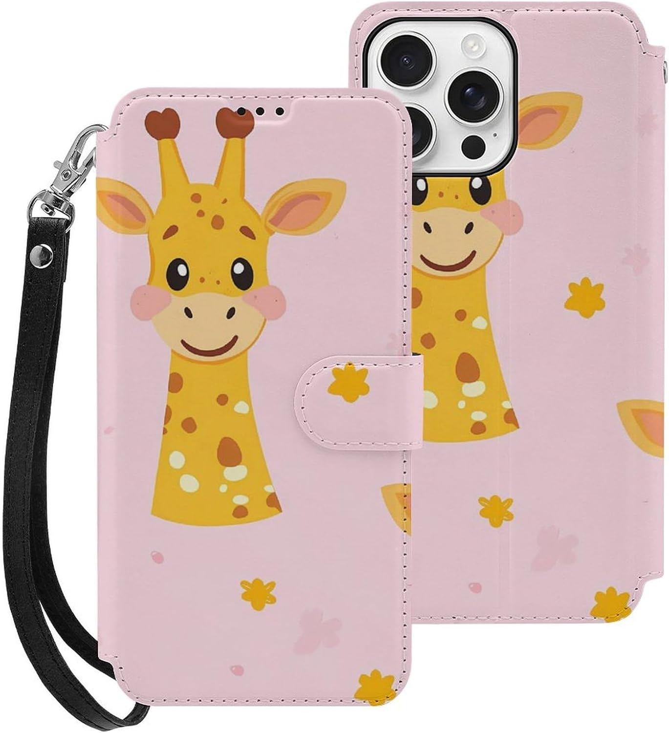 Cute Giraffe Compatible with iPhone 16/16 Plus/16 Pro/16 Pro Max/16 E Case Phone Wallet Card Holder Flip Cover with Wrist Strap