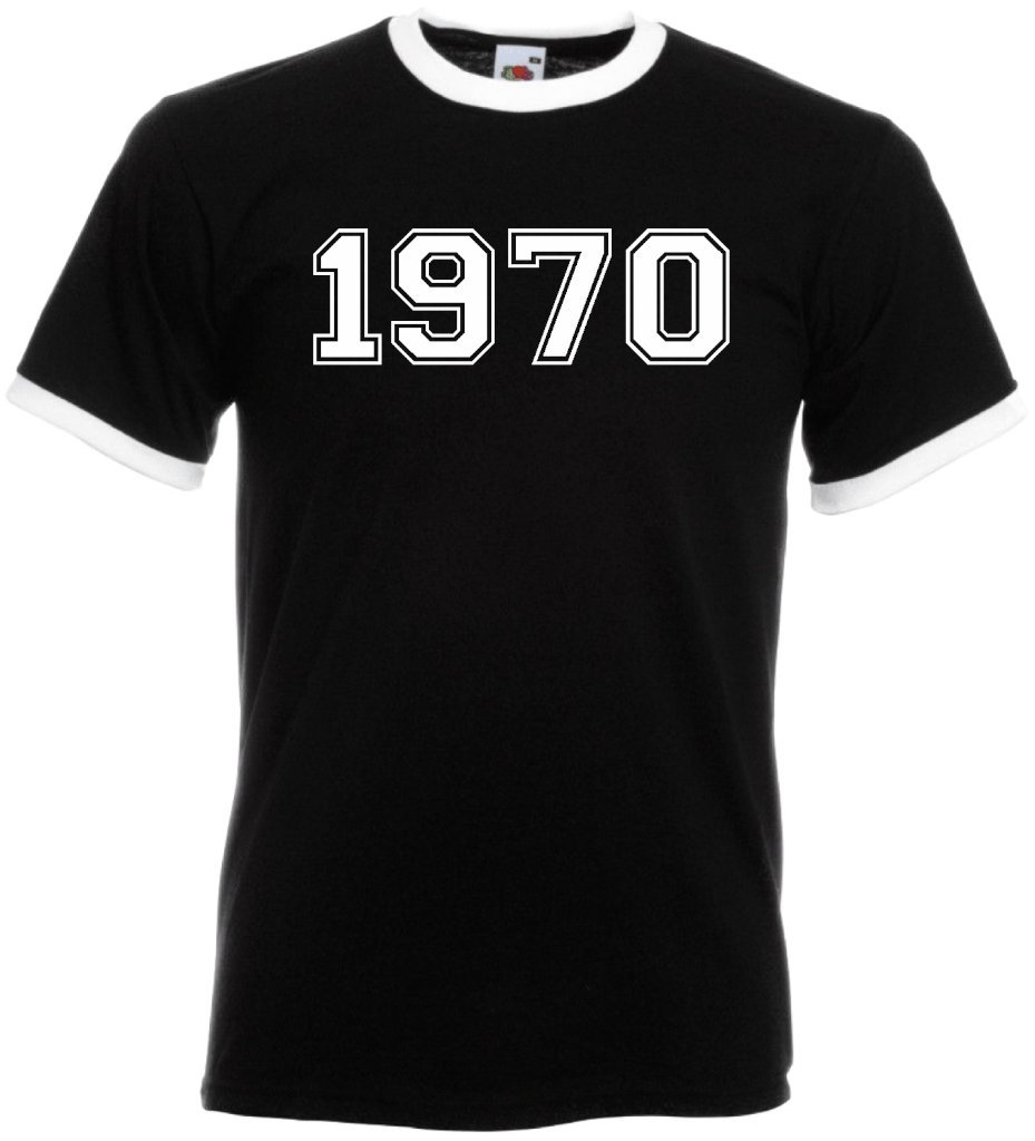 Dcg Printwear Men's Black & White Ringer Varsity 1970 College Unisex Ringer T-Shirt Birthday Gift Present Funny Novelty Top