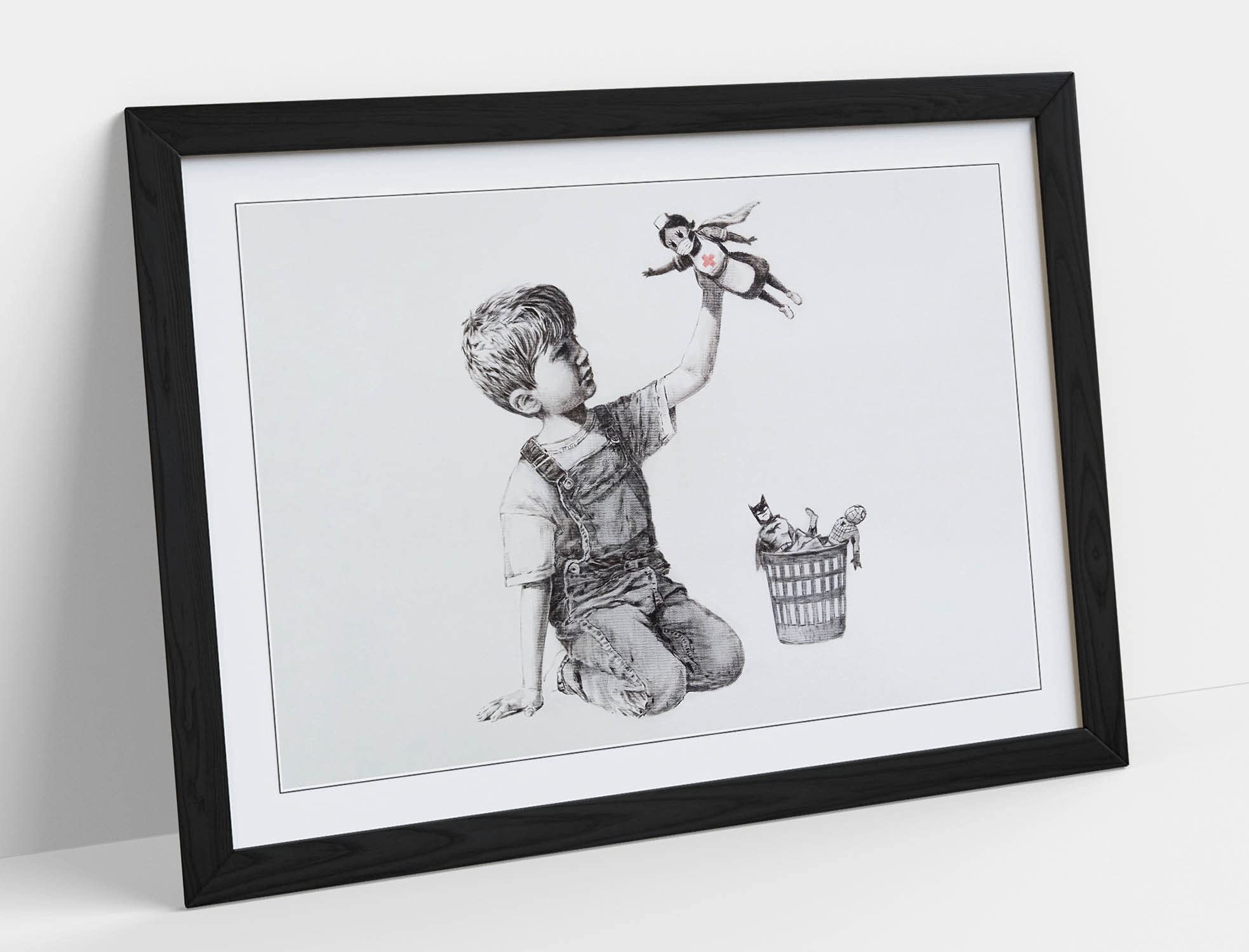 Canvasartshop Black - Banksy Superhero Nurse Landscape- Premium Wall Art Framed Picture Prints - 3 Colours - 4 Sizes (, A3)