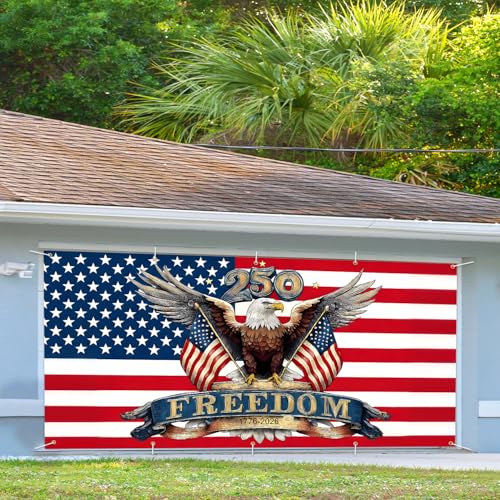 Image of 16x7 ft American 250th Anniversary Eagle Garage Door Banner - Patriotic Bald Eagle with inchFreedom inch & 250 Over Stars and Stripes Backdrop, Hanging Decor for 2026 July 4th & National Celebration, Large Outdoor Wall Sign