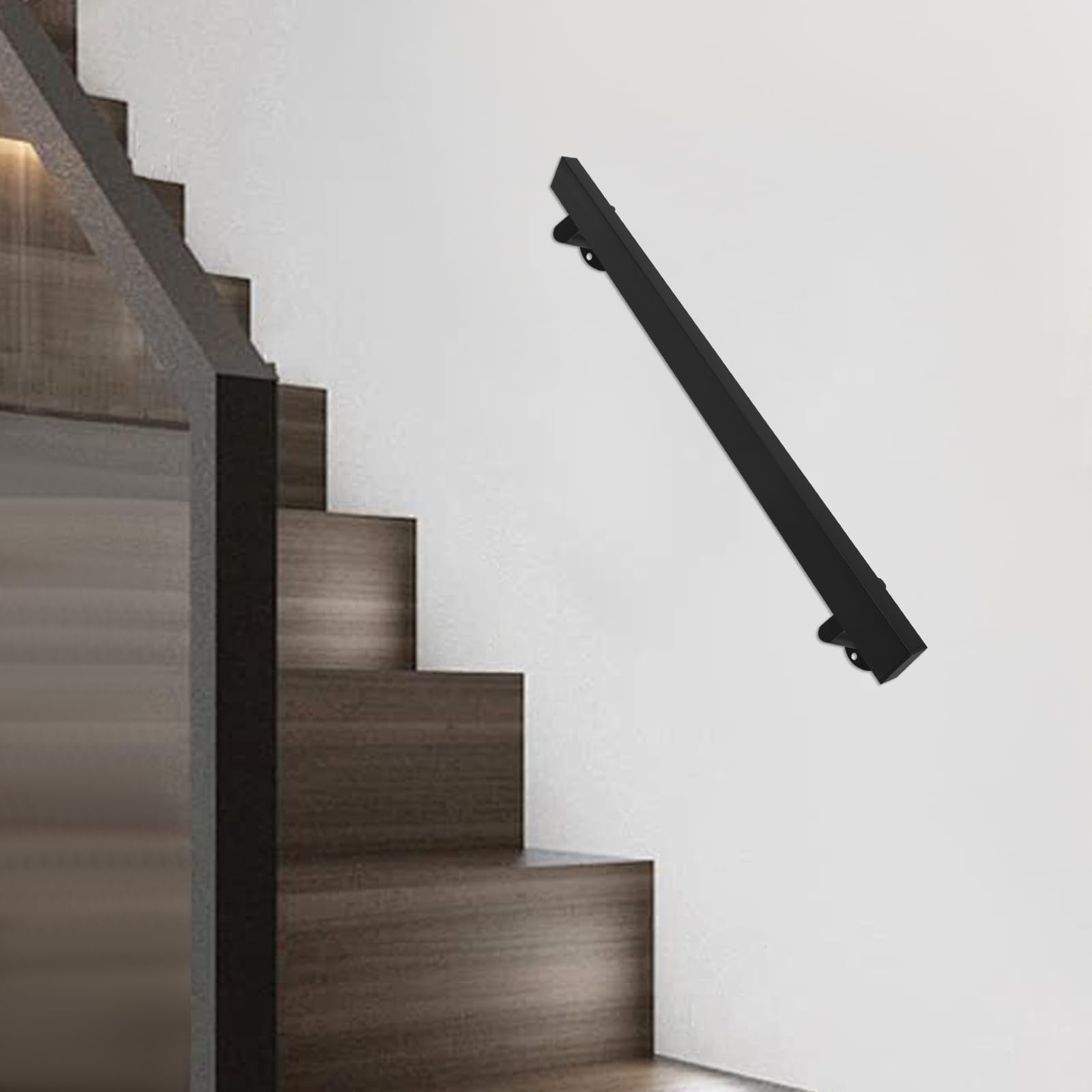 DYNAMI 3FT Black Stainless Steel Handrail,Wall Mounted Flat Rectangle Staircase Handrail,Indoor Outdoor Metal Stair Railing,Modern Safety Handrail for