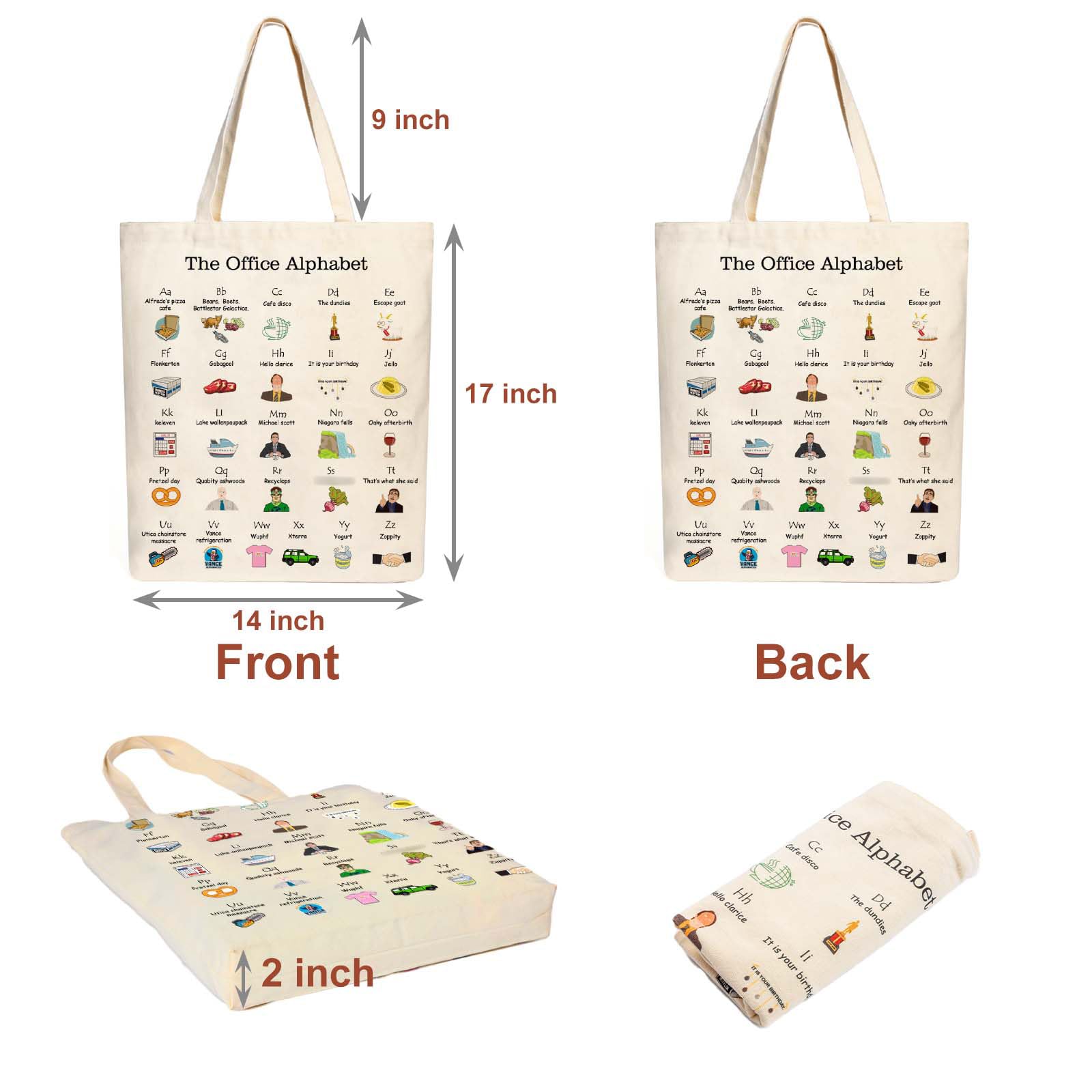 PuGez The Office Alphabet Tote Bag TV Show Merchandise Fans Kitchen Gifts Reusable Grocery Canvas Theme Presents for Office/Women/Sister, Shoulder/Travel/Work, White