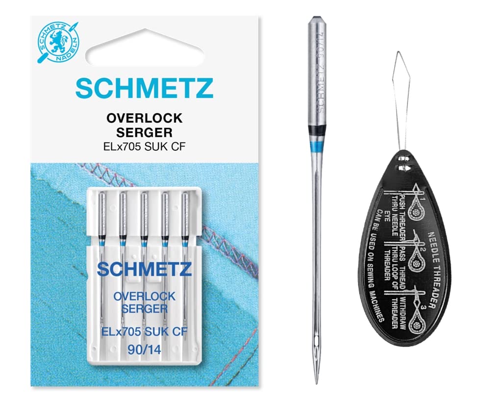 Ipc Sewing Parts Silver Overlock/Serger Elx705 Suk Cf Ballpoint (Medium Ball Point, Chrome Finish) Coverstitch Sewing Machine Needles, Size 90/14, Includes Large Needle Threader