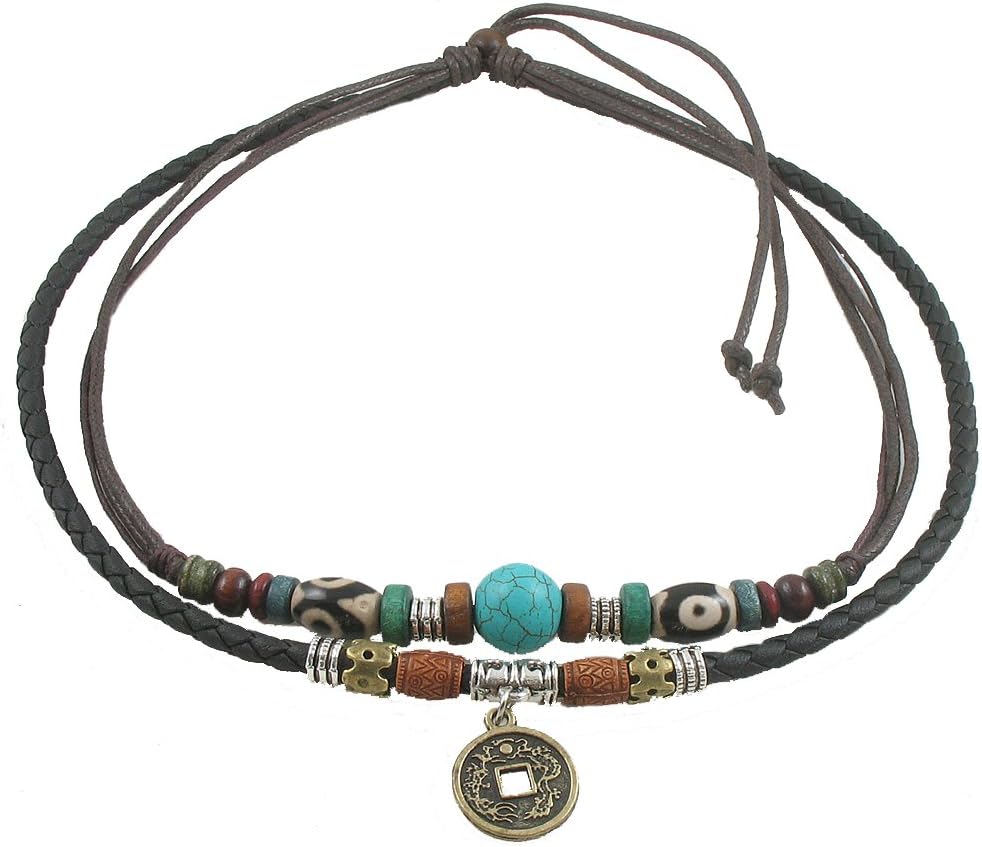 Boho Double Layer Leather and Hemp Cord Necklace with Chinese Coin Pendant and Turquoise Bead – Adjustable Tribal Jewelry for Men and Women (Inner Cord Length 15 Inches)