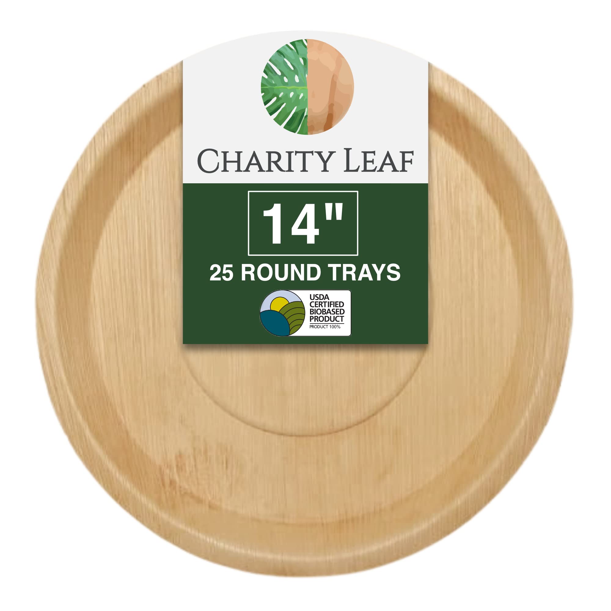 Charity Leaf Jednorazowe okrągłe tace z liści palmowych 35,5 cm (25 sztuk) bambusowe talerze do serwowania, jednorazowe deski, ekologiczna zastawa stołowa na wesela, catering, imprezy