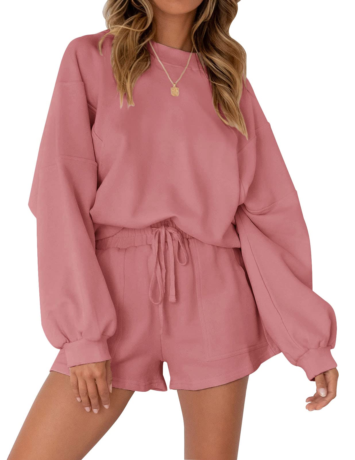 MEROKEETY 2026 Spring Lounge Sets for Women Oversized Batwing Sleeve Casual Top and Shorts 2 Piece Outfits Sweat Set